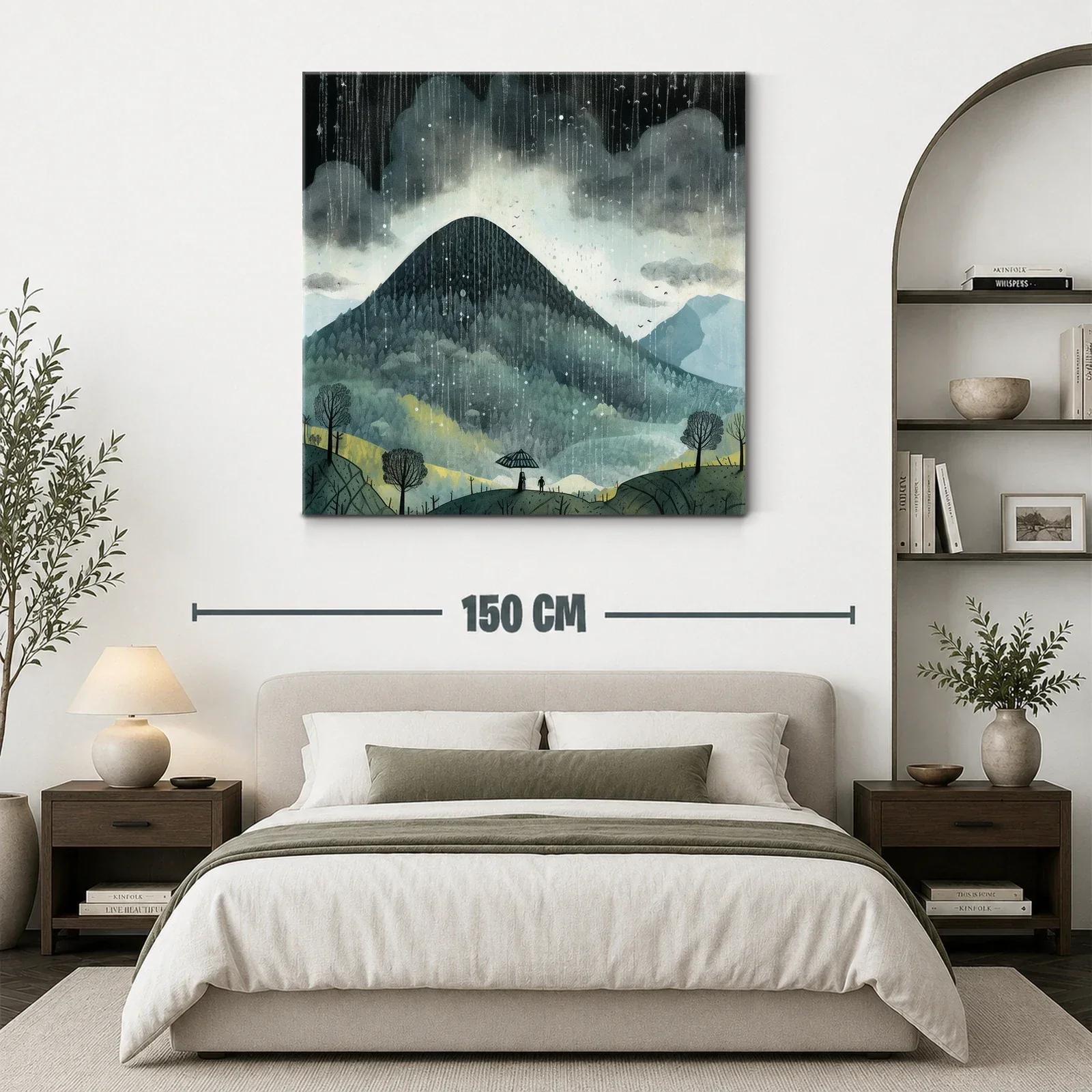 Paisaje de montaña bajo lluvia con siluetas y paraguas — miniatura 3