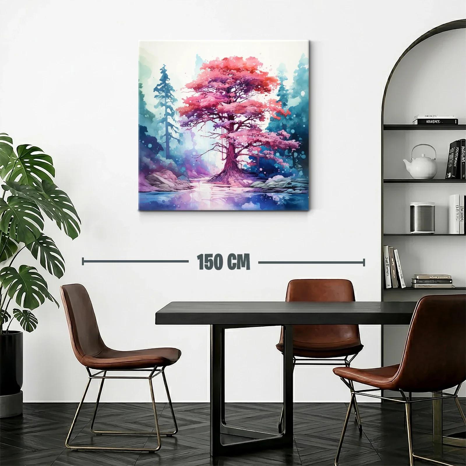 Árbol rosa mágico entre bosque azul y lago tranquilo — miniatura 2