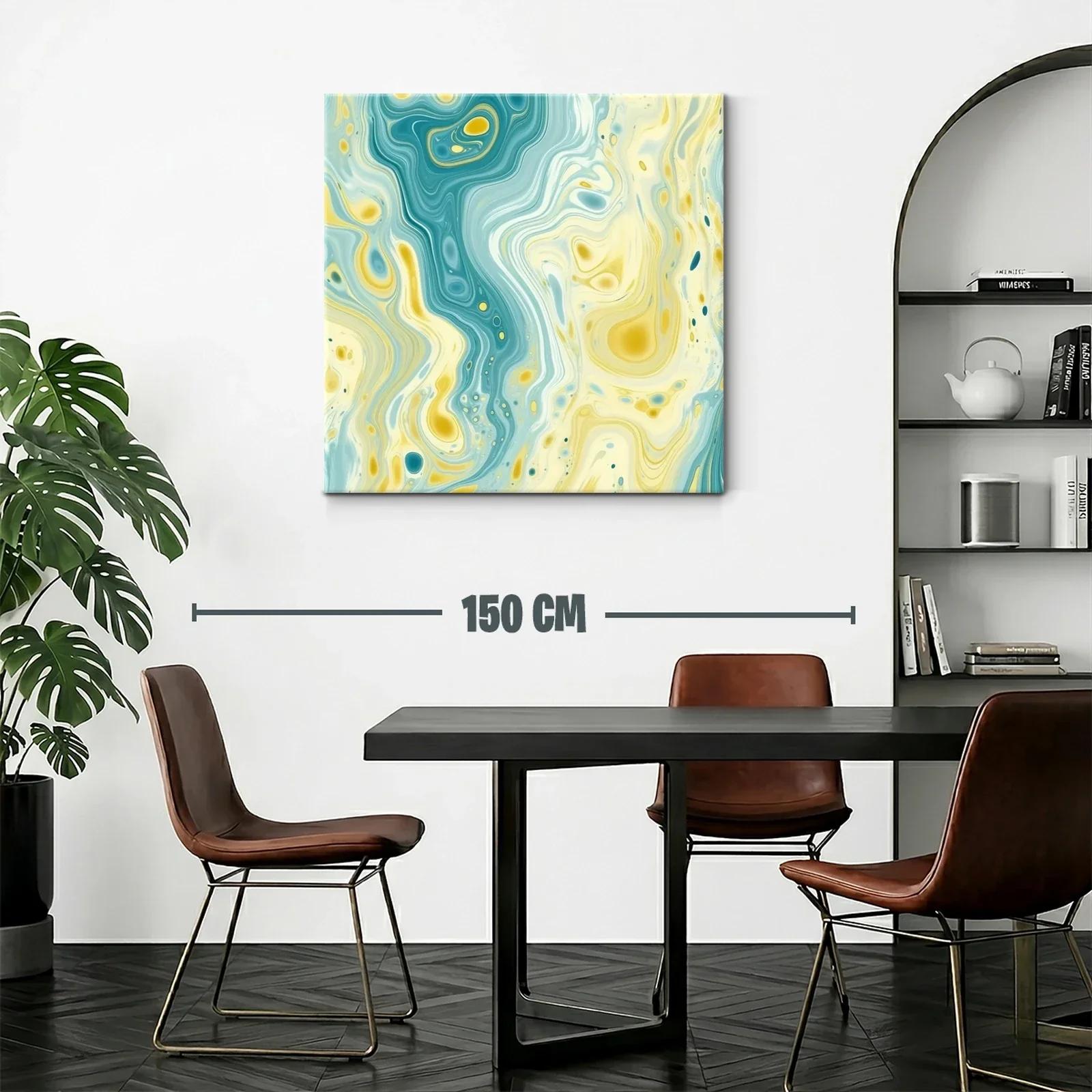 Cuadro abstracto con fluidas formas y tonos aqua y amarillo — miniatura 2