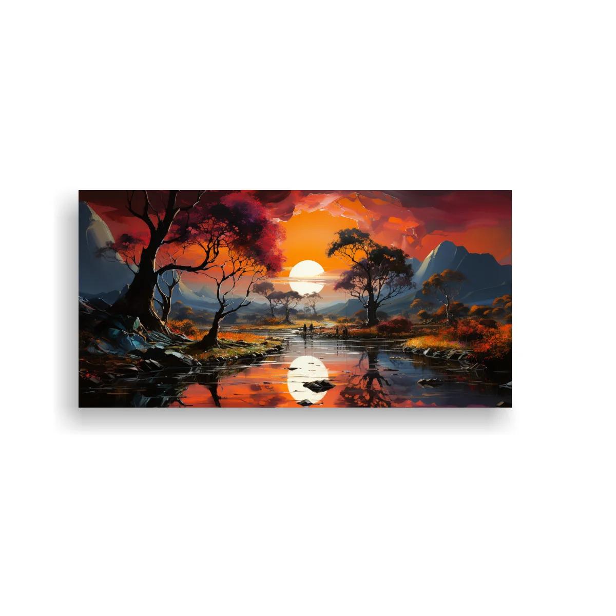 Cuadro paisaje de lago al atardecer con reflejo vertical — imagen principal