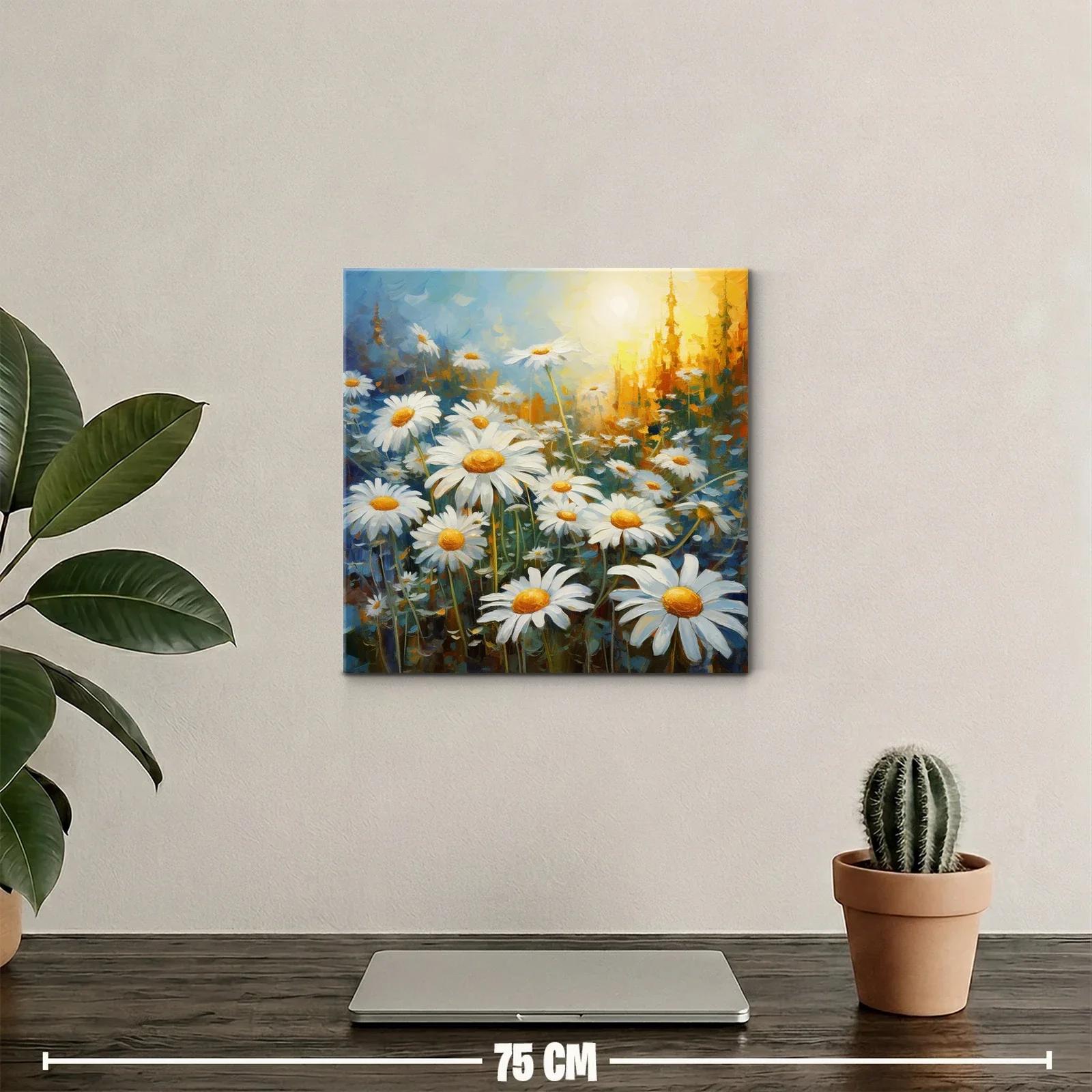 Campo luminoso de margaritas con amanecer dorado — miniatura 2
