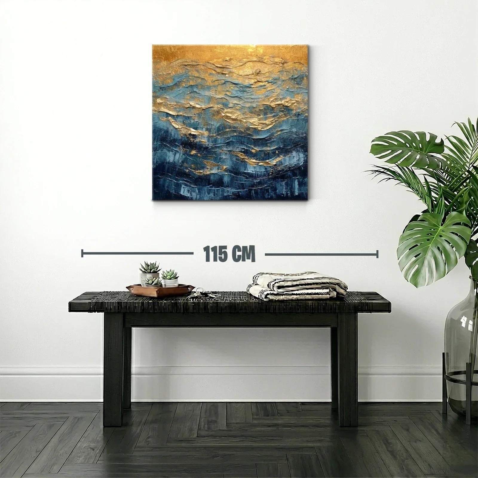 Cuadro abstracto con tonos dorados y azules vibrantes — miniatura 2