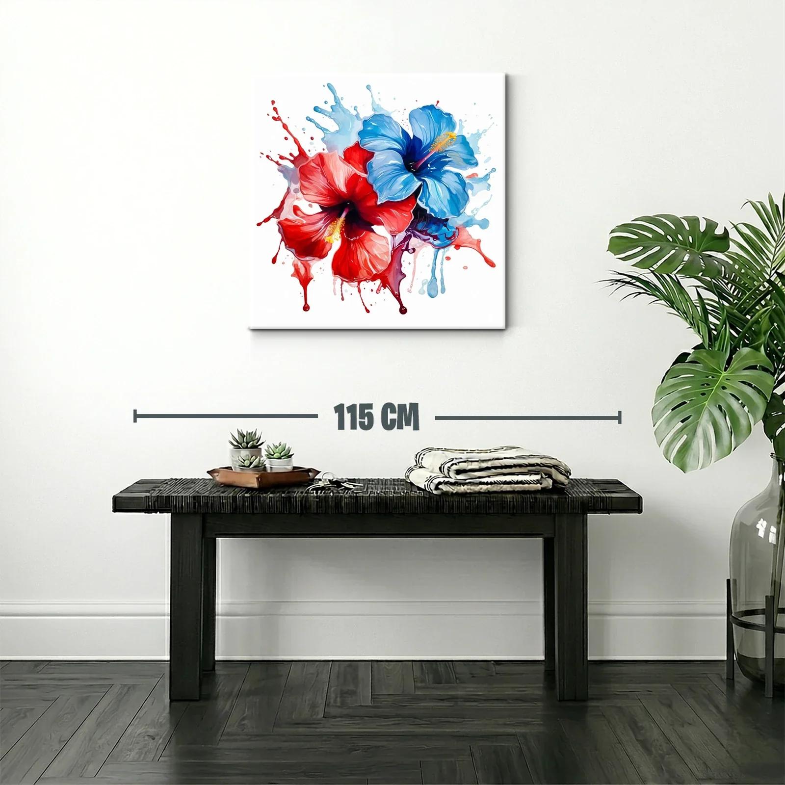 Cuadro moderno de flores hibisco en tonos rojo y azul — miniatura 2