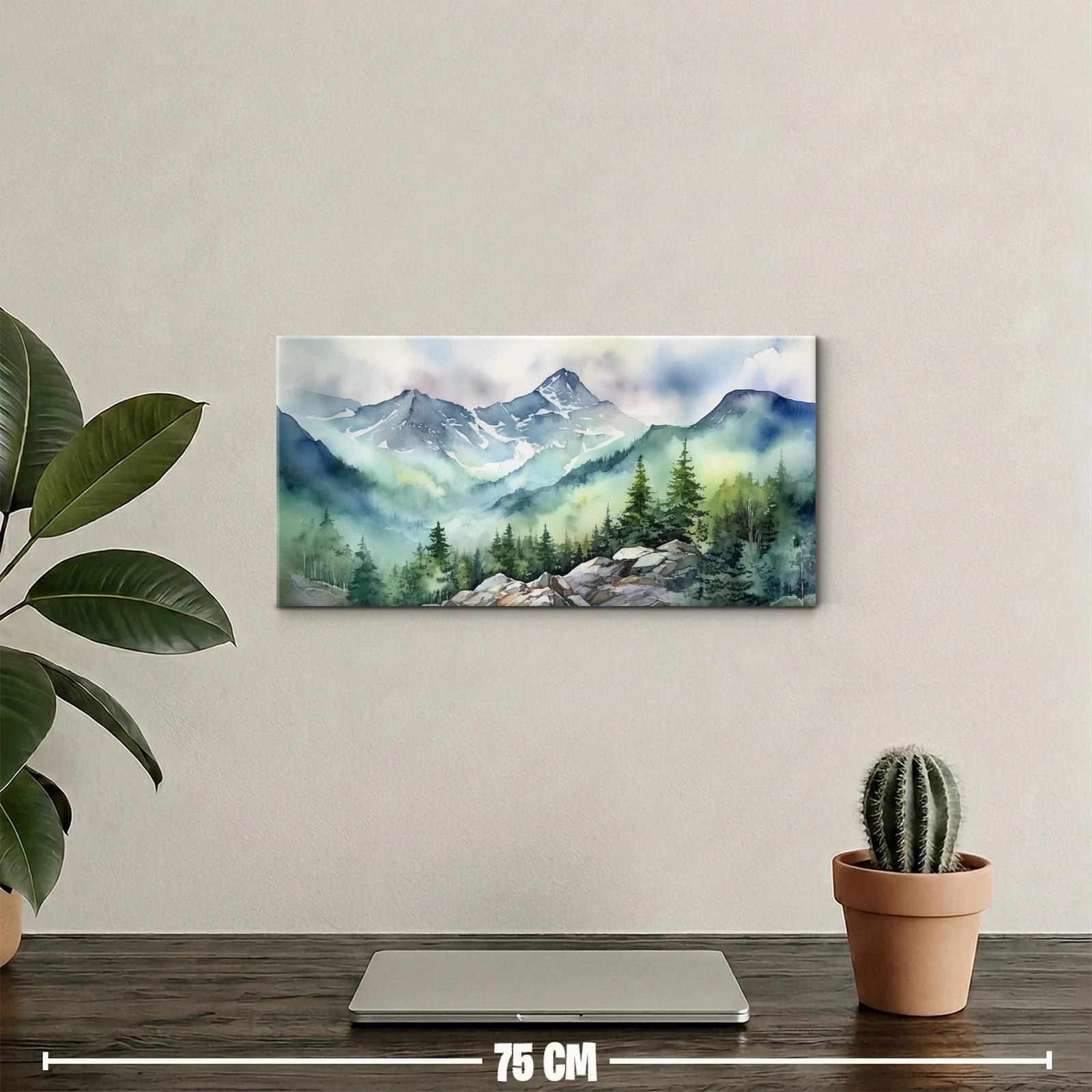 Cuadro paisaje de montañas con pinos y bruma — miniatura 2
