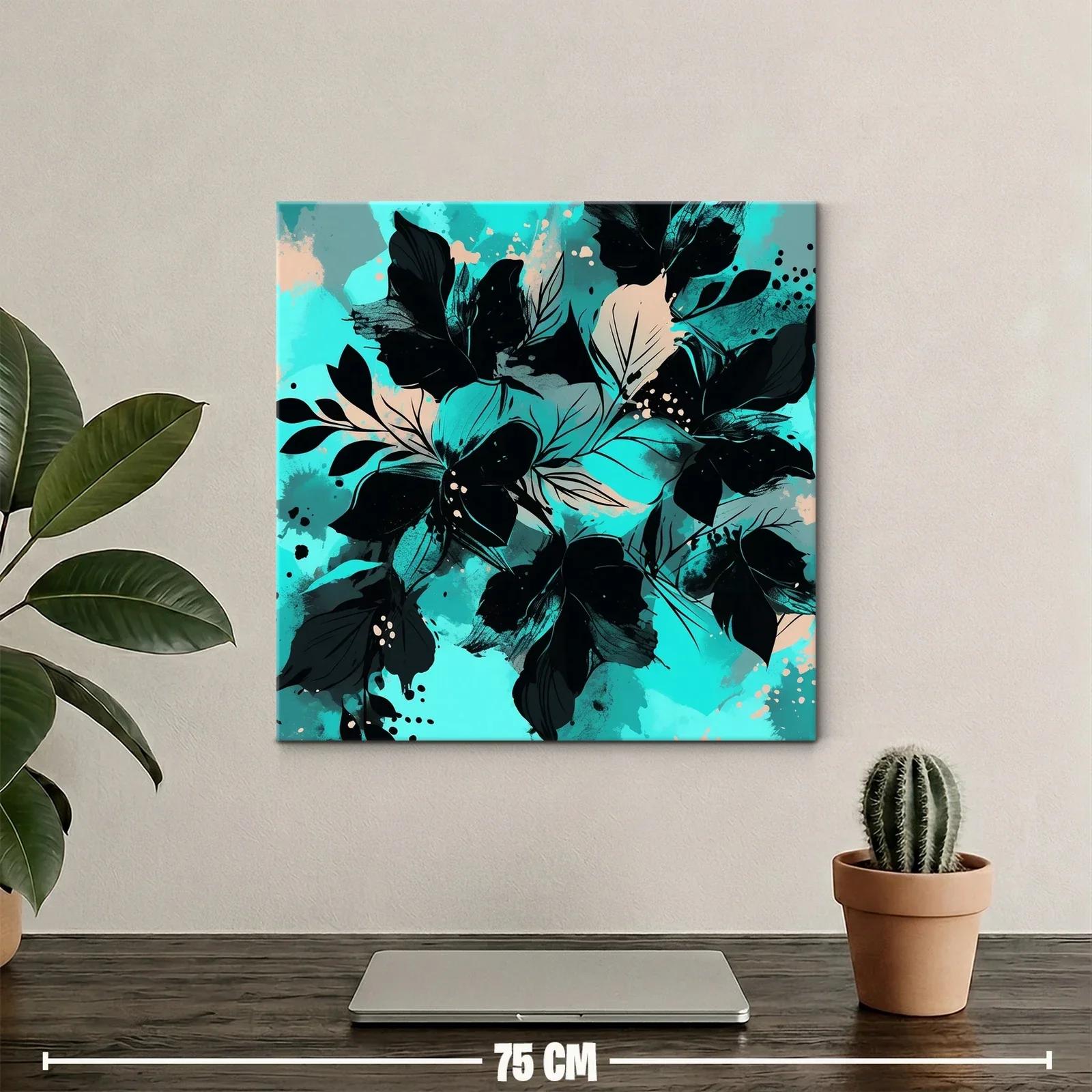 Cuadro moderno con motivos florales en tonos turquesa y negro — miniatura 2