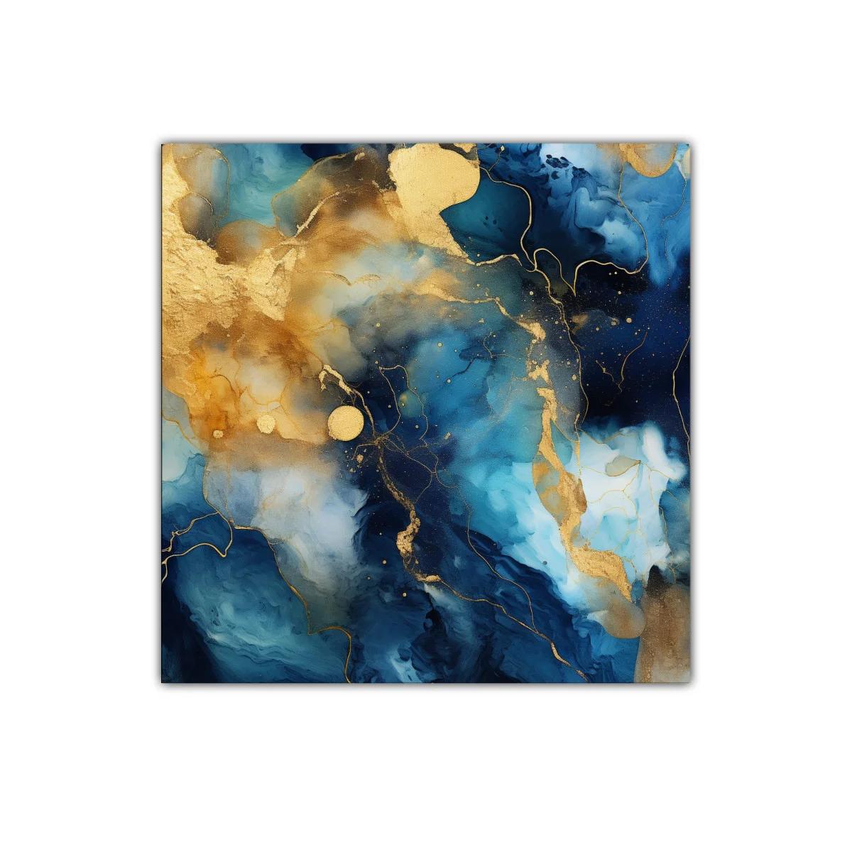Cuadro abstracto en tonos azules y dorados con textura fluida — miniatura 1