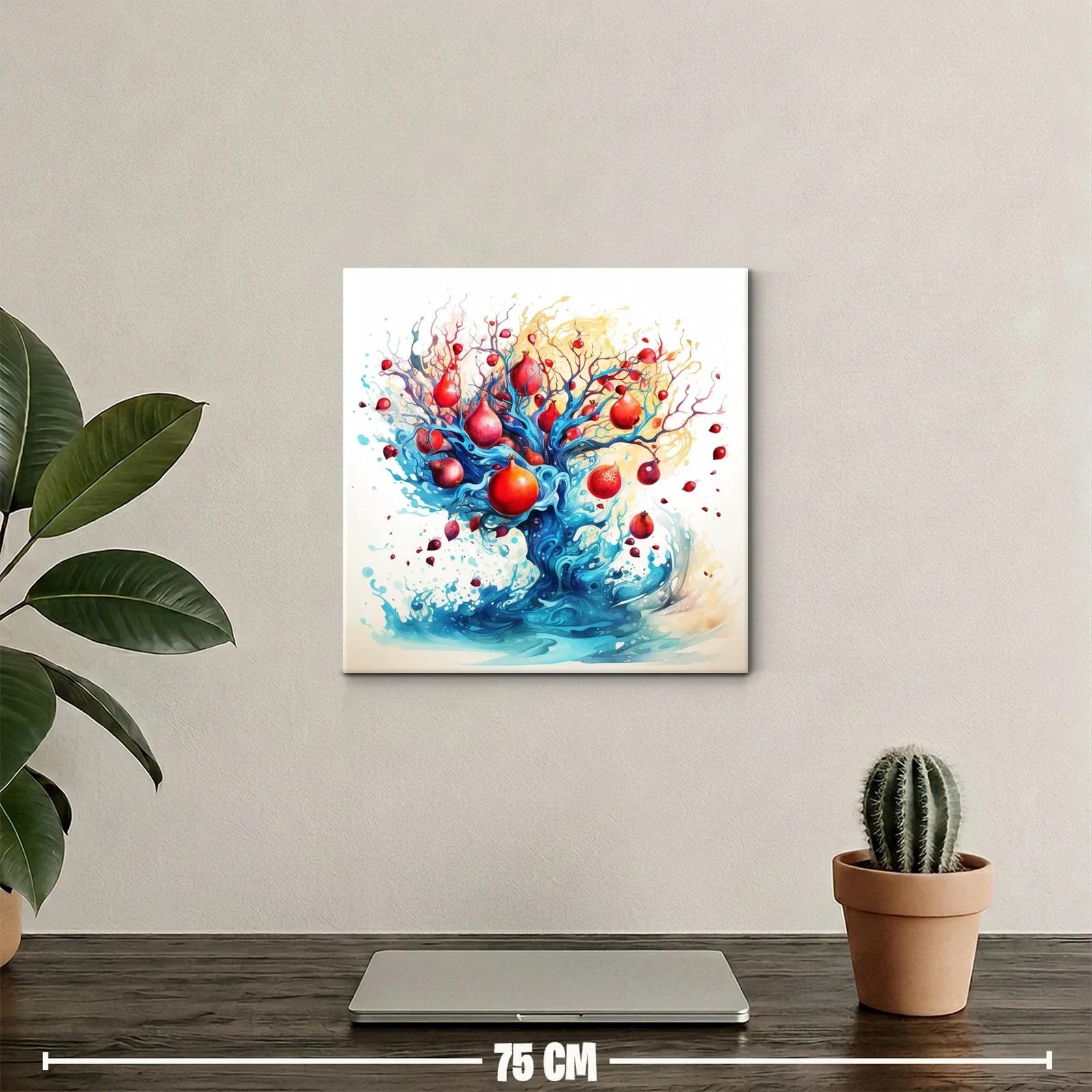 Cuadro artístico con árbol de granadas vibrantes y flujo azul — miniatura 2