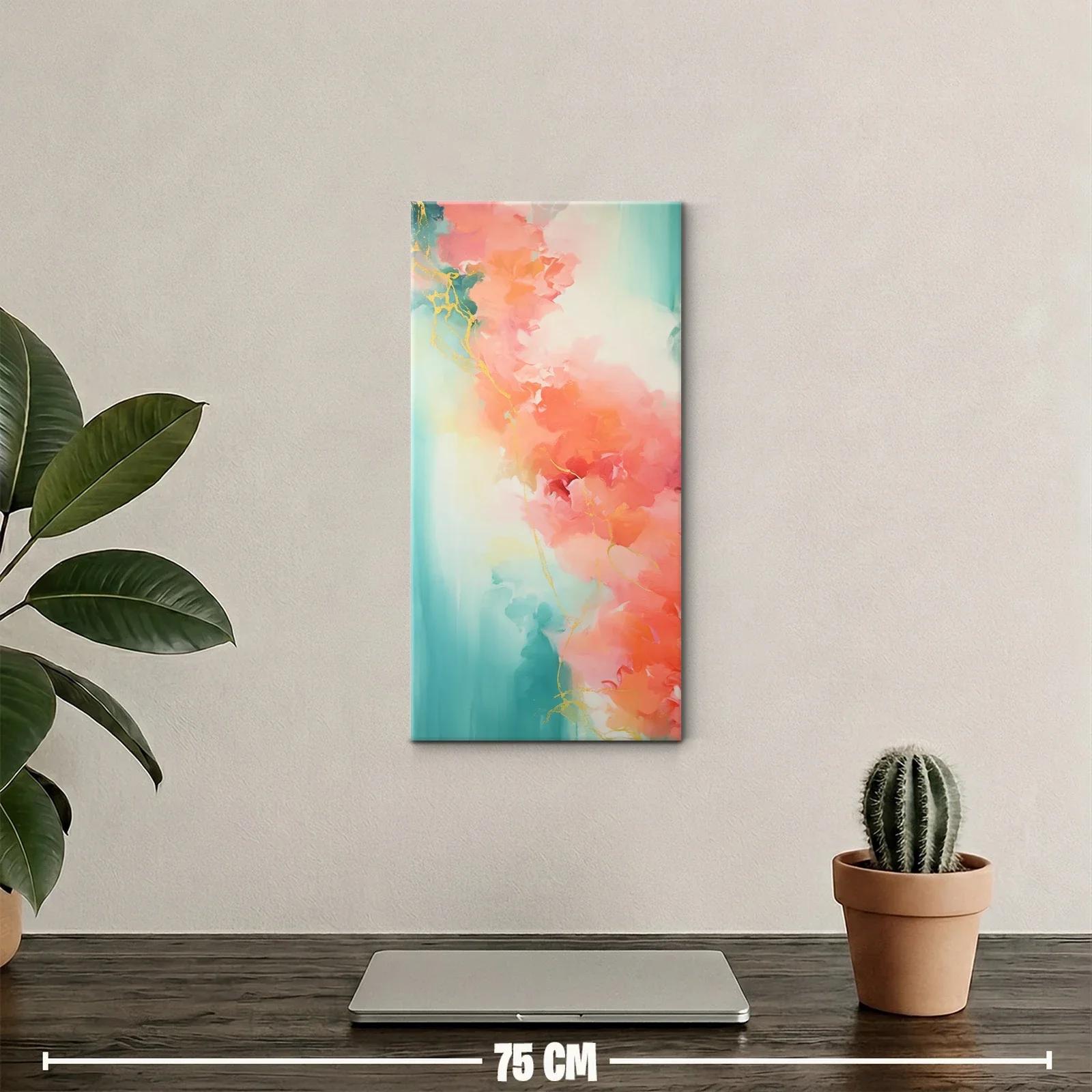 Cuadro abstracción coral y turquesa con vetas doradas — miniatura 2