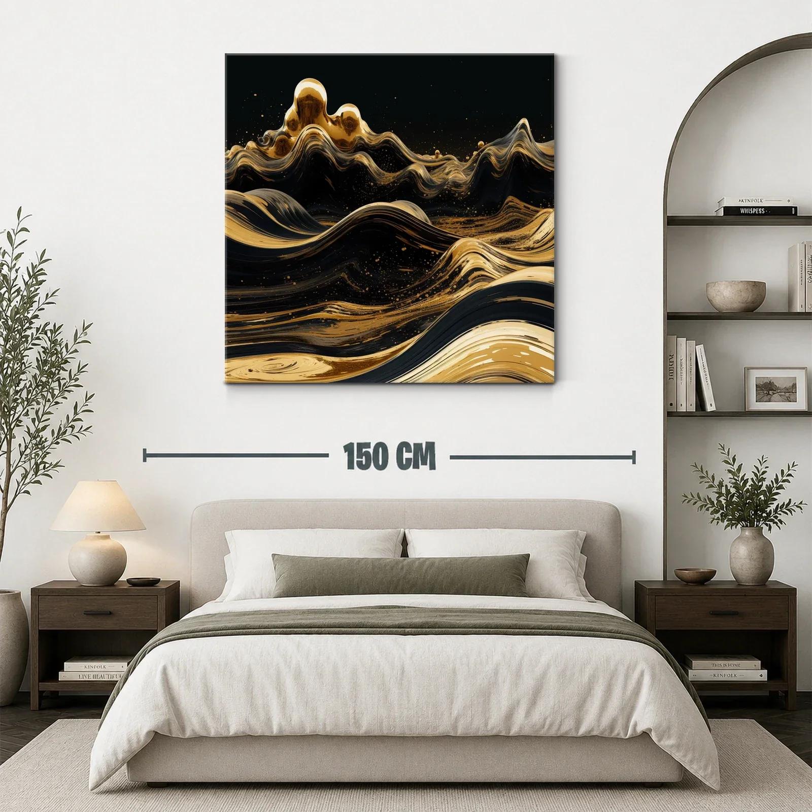 Cuadro abstracto con olas doradas sobre fondo negro — miniatura 3