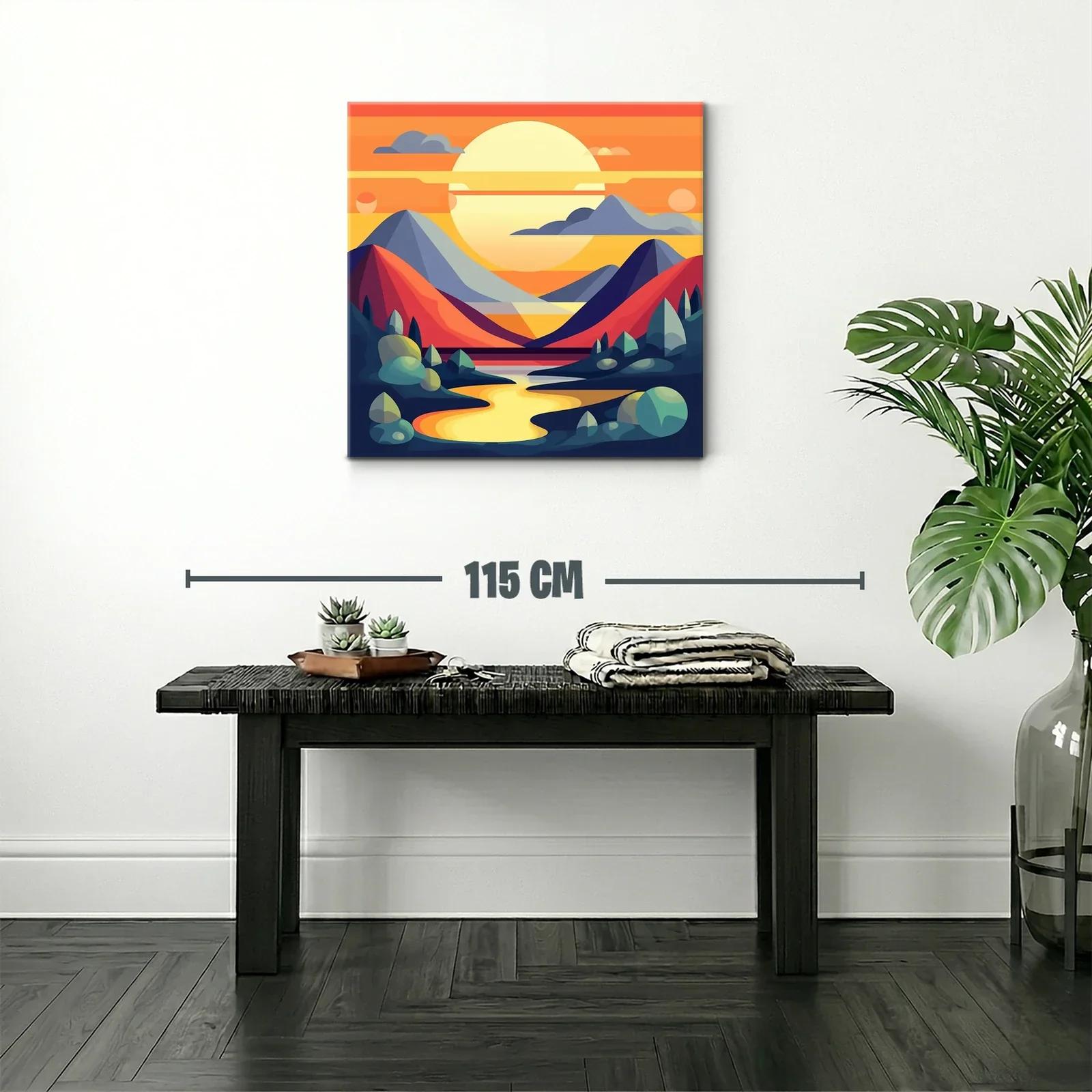 Paisaje abstracto con montañas y río al atardecer vibrante — miniatura 2