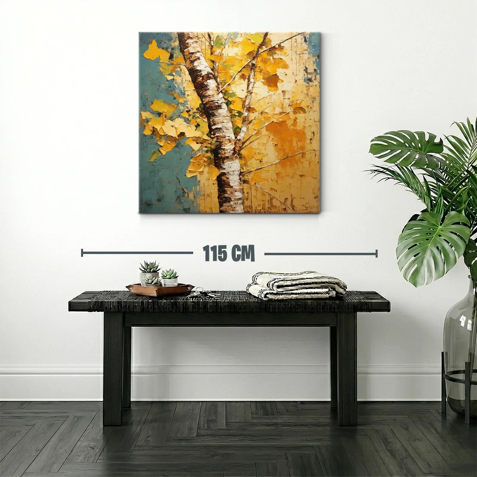 Árbol otoñal con hojas doradas y fondo azul y amarillo — miniatura 2