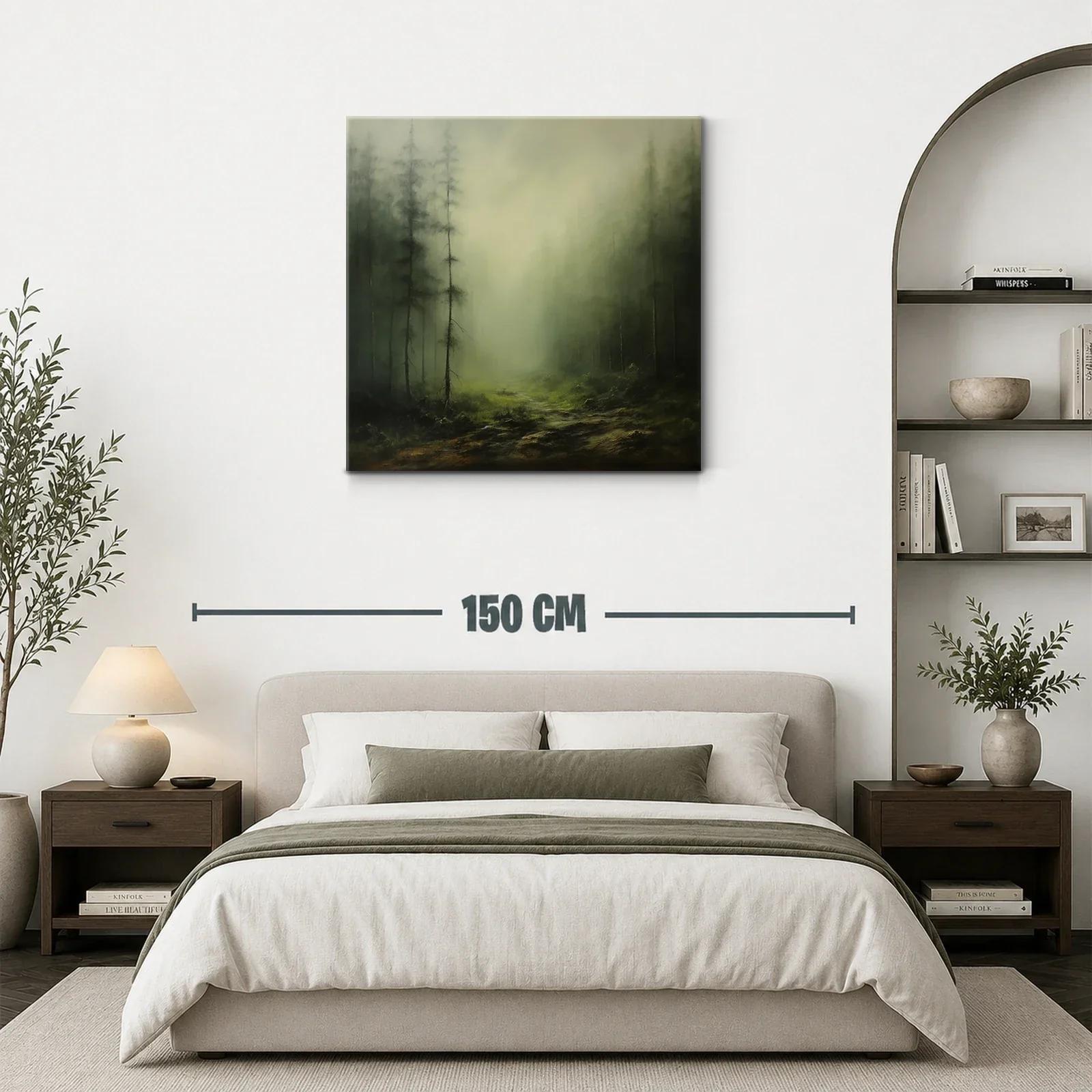 Paisaje nebuloso con bosque y camino en tonos verdes — miniatura 3