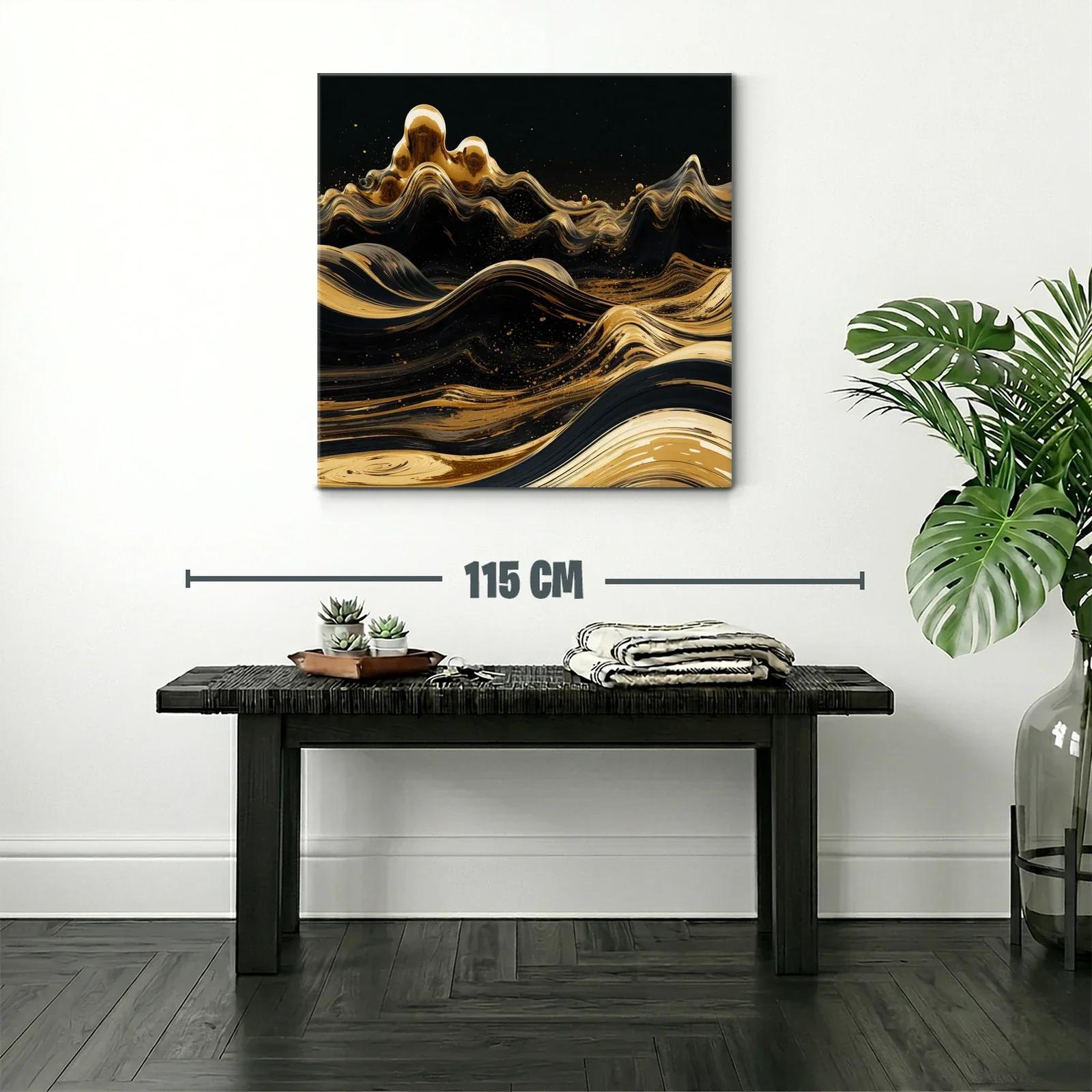 Cuadro abstracto con olas doradas sobre fondo negro — miniatura 2