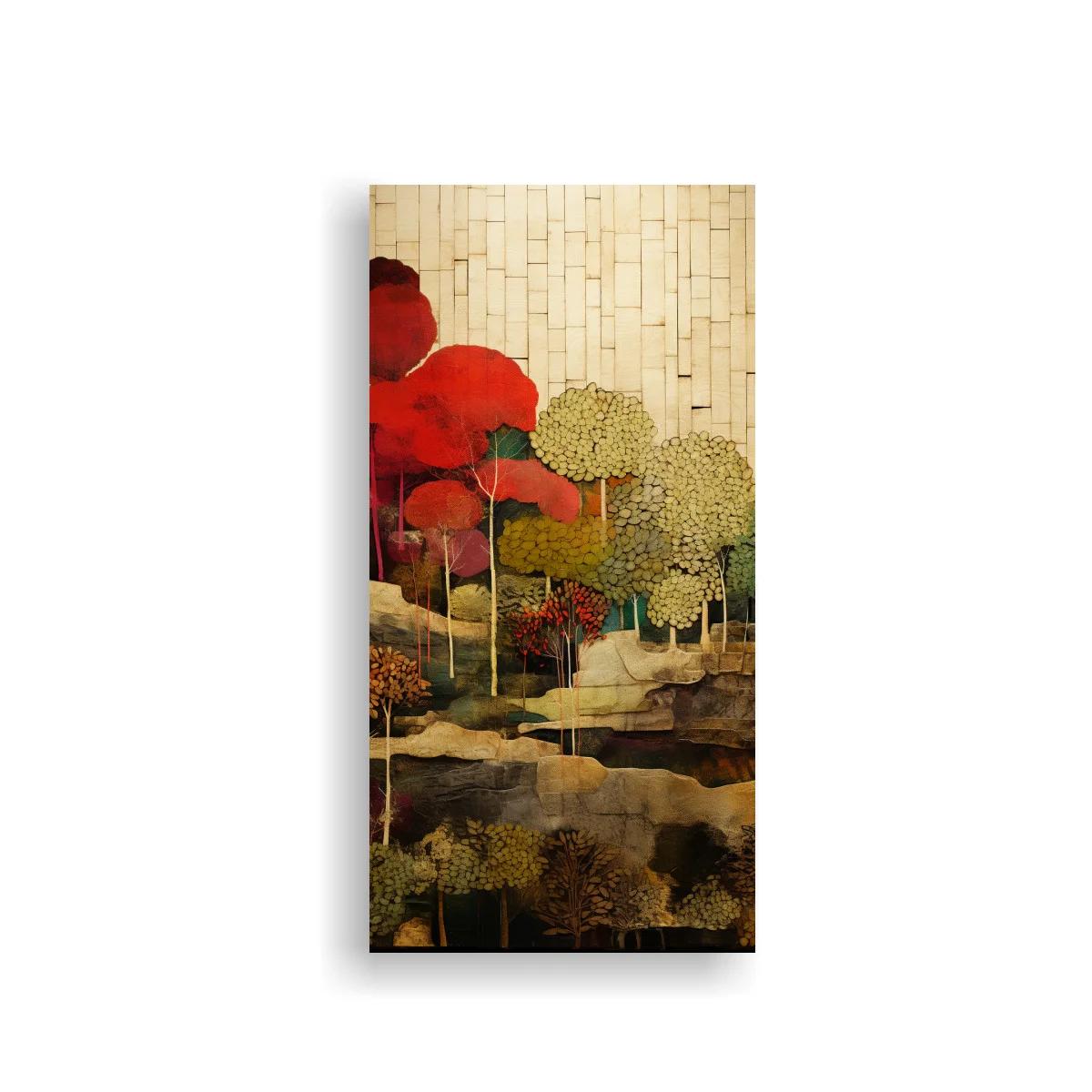 Cuadro paisaje con árboles y copas rojas