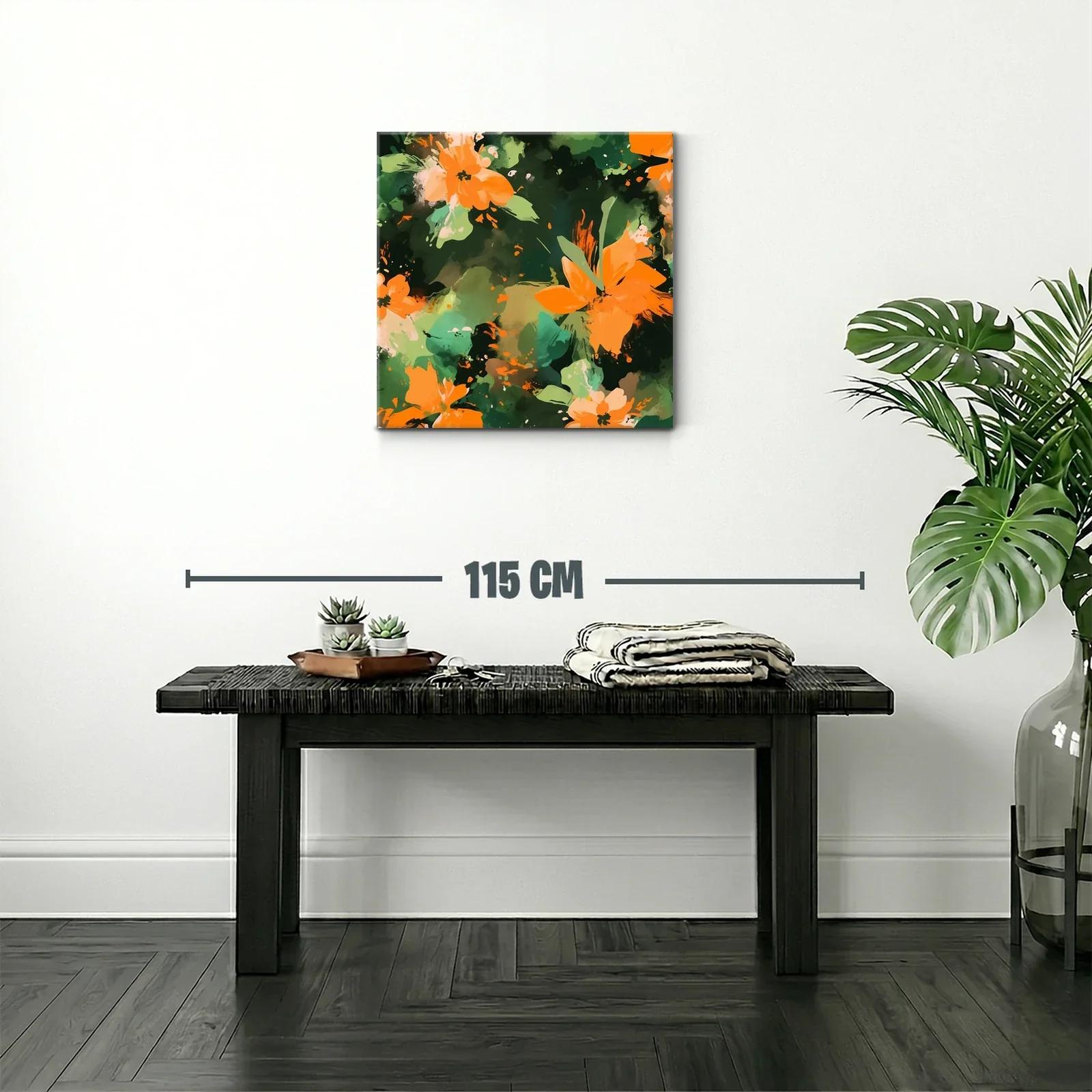Cuadro abstracto con flores naranja y fondo verde oscuro — miniatura 2