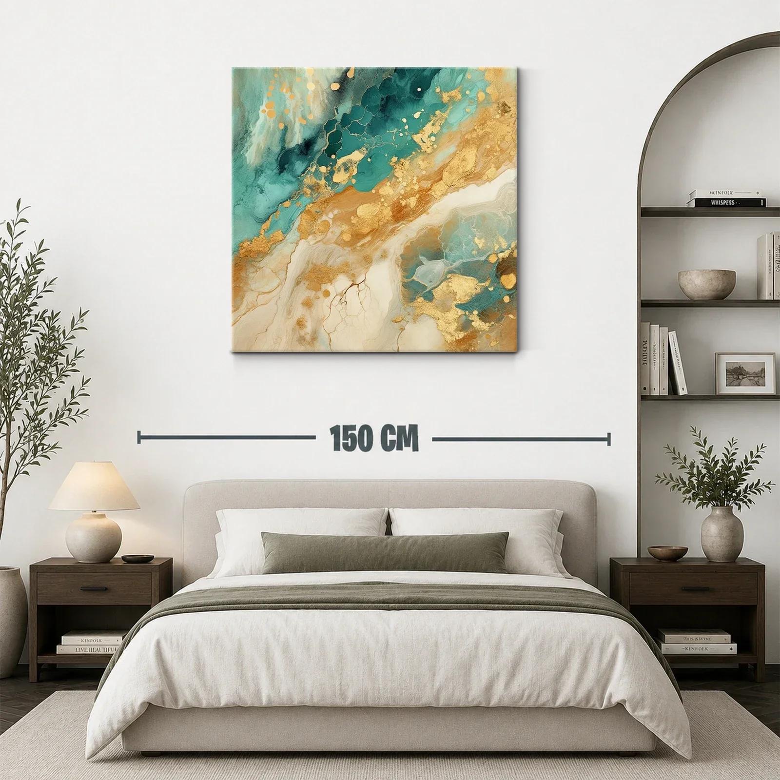 Cuadro abstracto con detalles dorados y tonos turquesa — miniatura 3