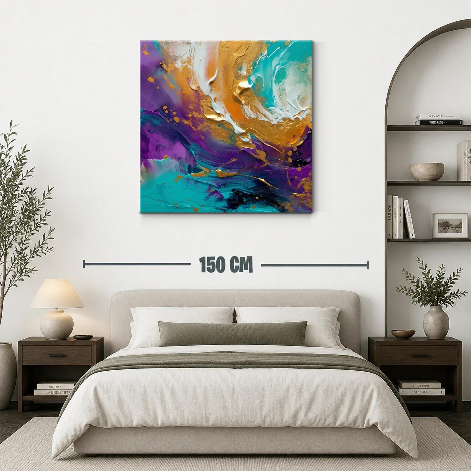 Cuadro abstracto con vibrantes tonos turquesa y dorado — miniatura 3