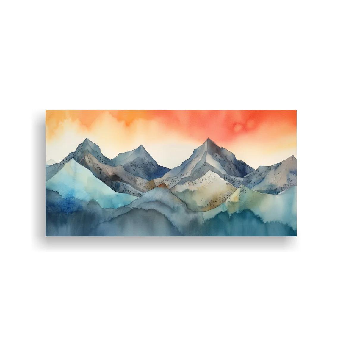 Cuadro cordillera de montañas en tonos azules y cielo anaranjado — imagen principal