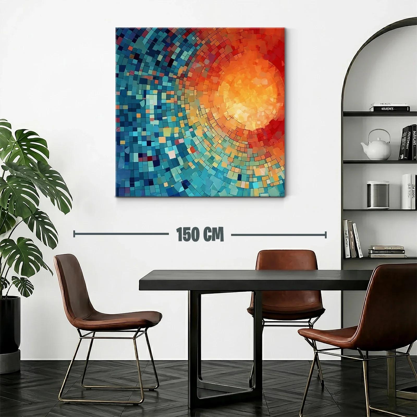 Cuadro abstracto con patrones circulares en tonos cálidos y fríos — miniatura 2
