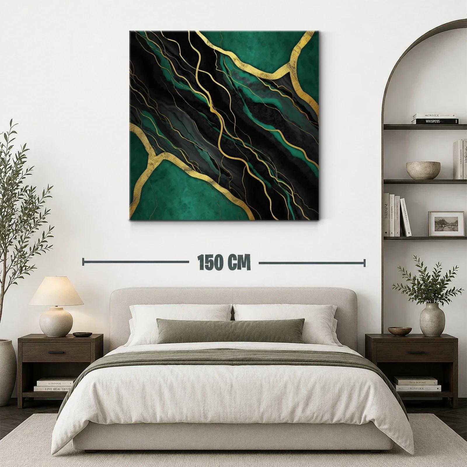 Cuadro abstracto en negro y verde con detalles dorados — miniatura 3
