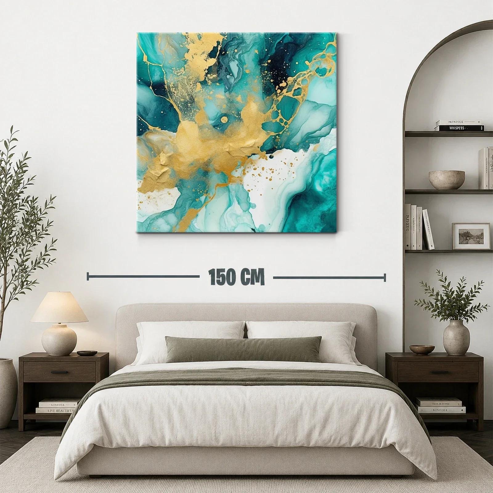 Cuadro abstracto con tonos turquesa y dorados vibrantes — miniatura 3