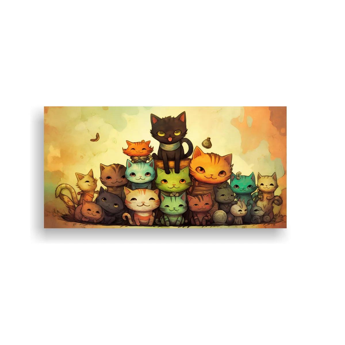 Cuadro grupo de gatos con gatito destacado y colas curvadas — imagen principal