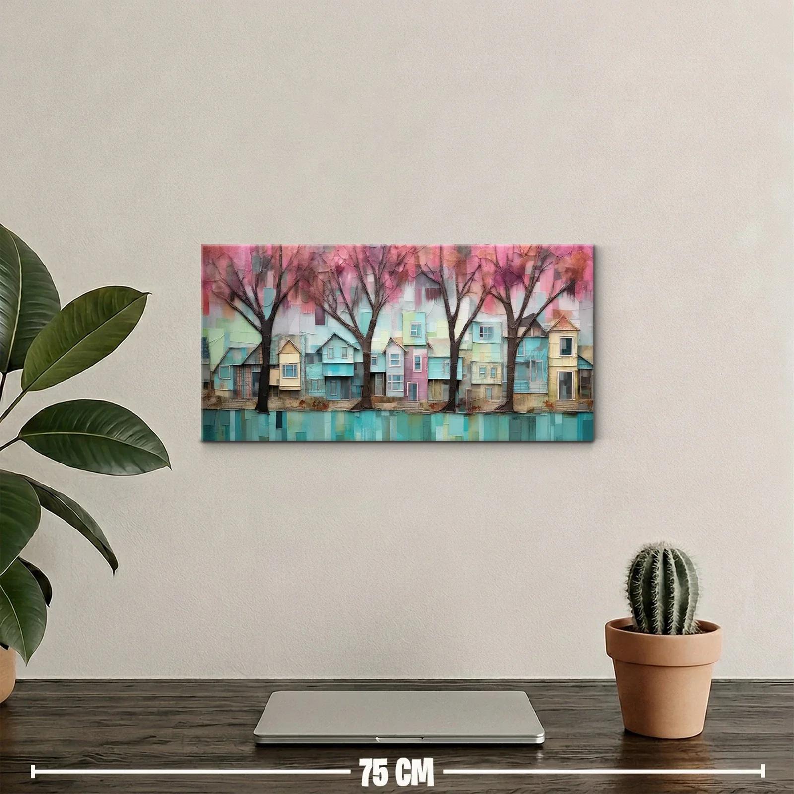 Cuadro casas adosadas bajo árboles rosados con reflejos en el agua — miniatura 2