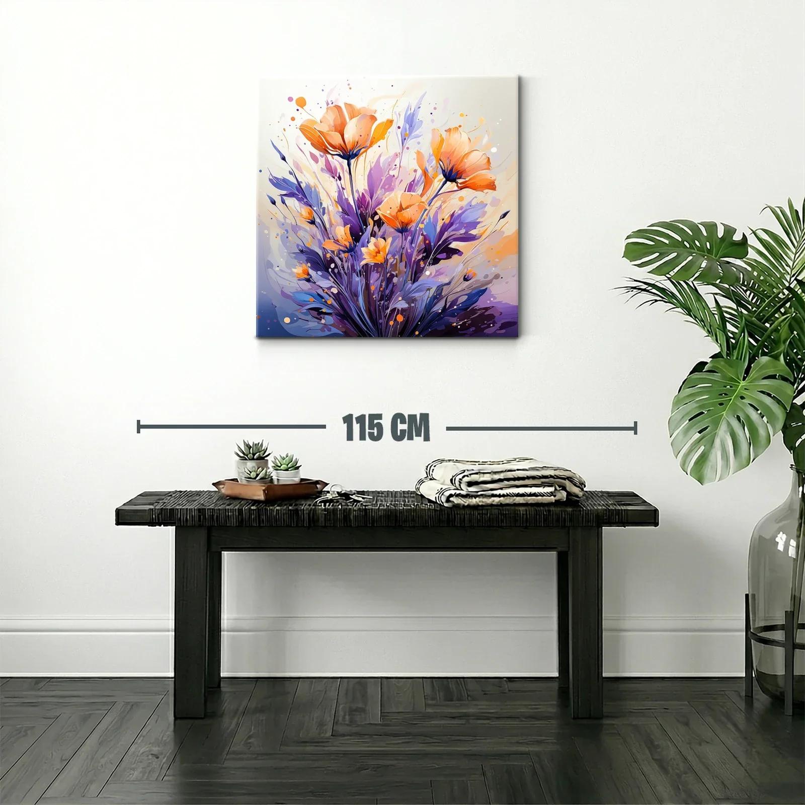 Cuadro moderno con flores en tonos naranja y púrpura — miniatura 2