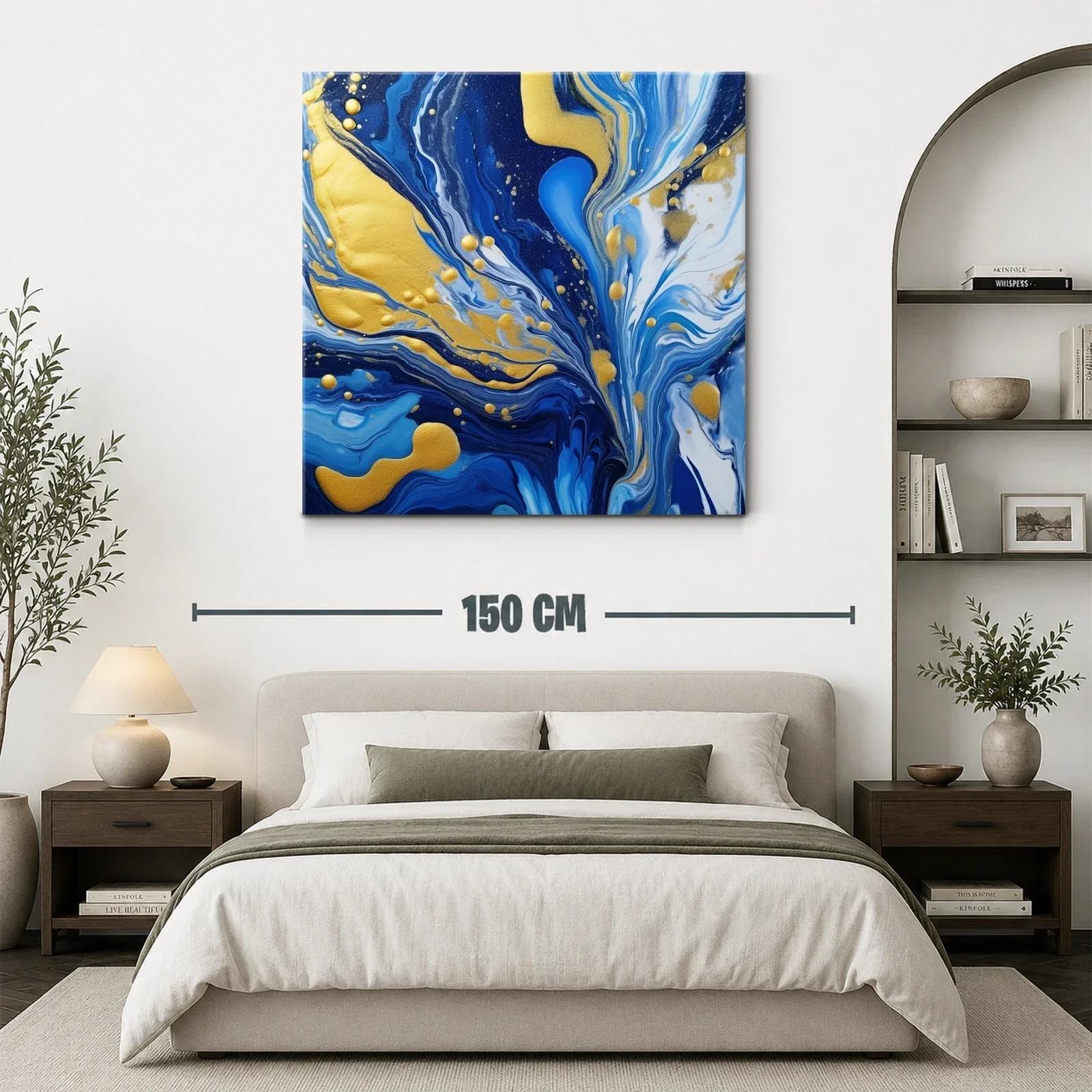Cuadro abstracto en tonos azules con detalles dorados brillantes — miniatura 3