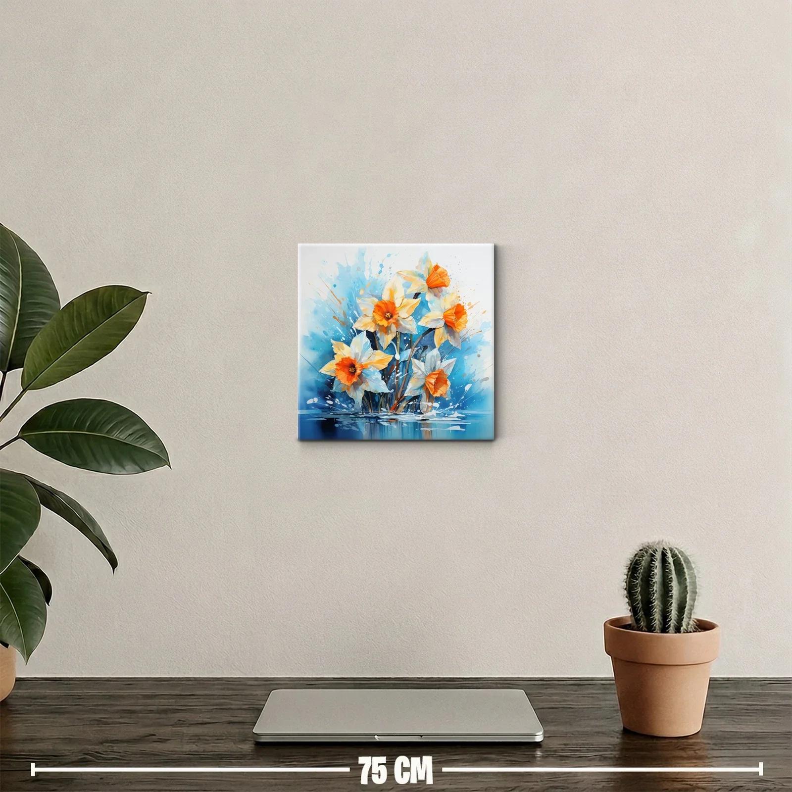 Cuadro floral vibrante con narcisos anaranjados y fondo azul — miniatura 2