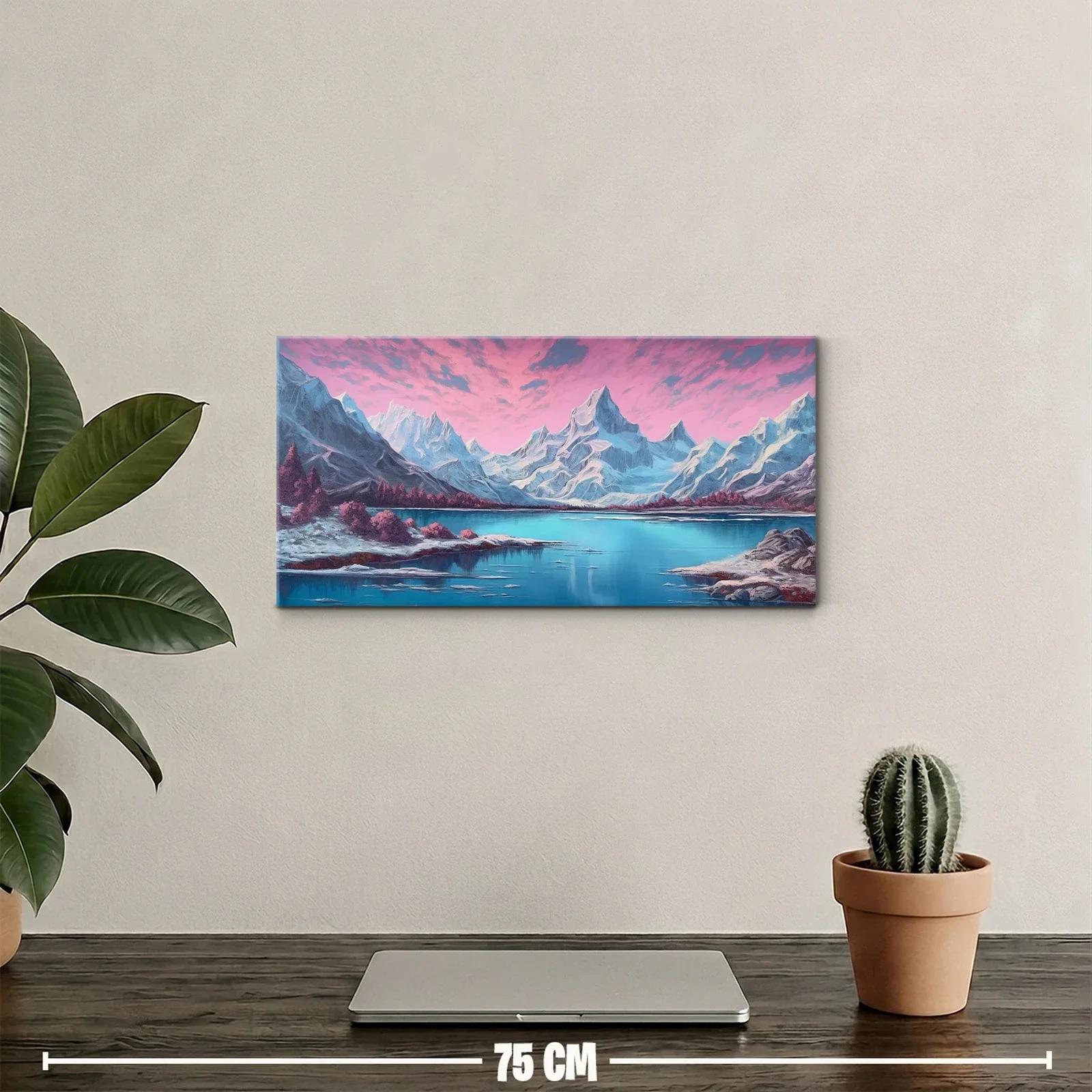 Cuadro lago de montaña con árboles rosados y orilla rocosa — miniatura 2