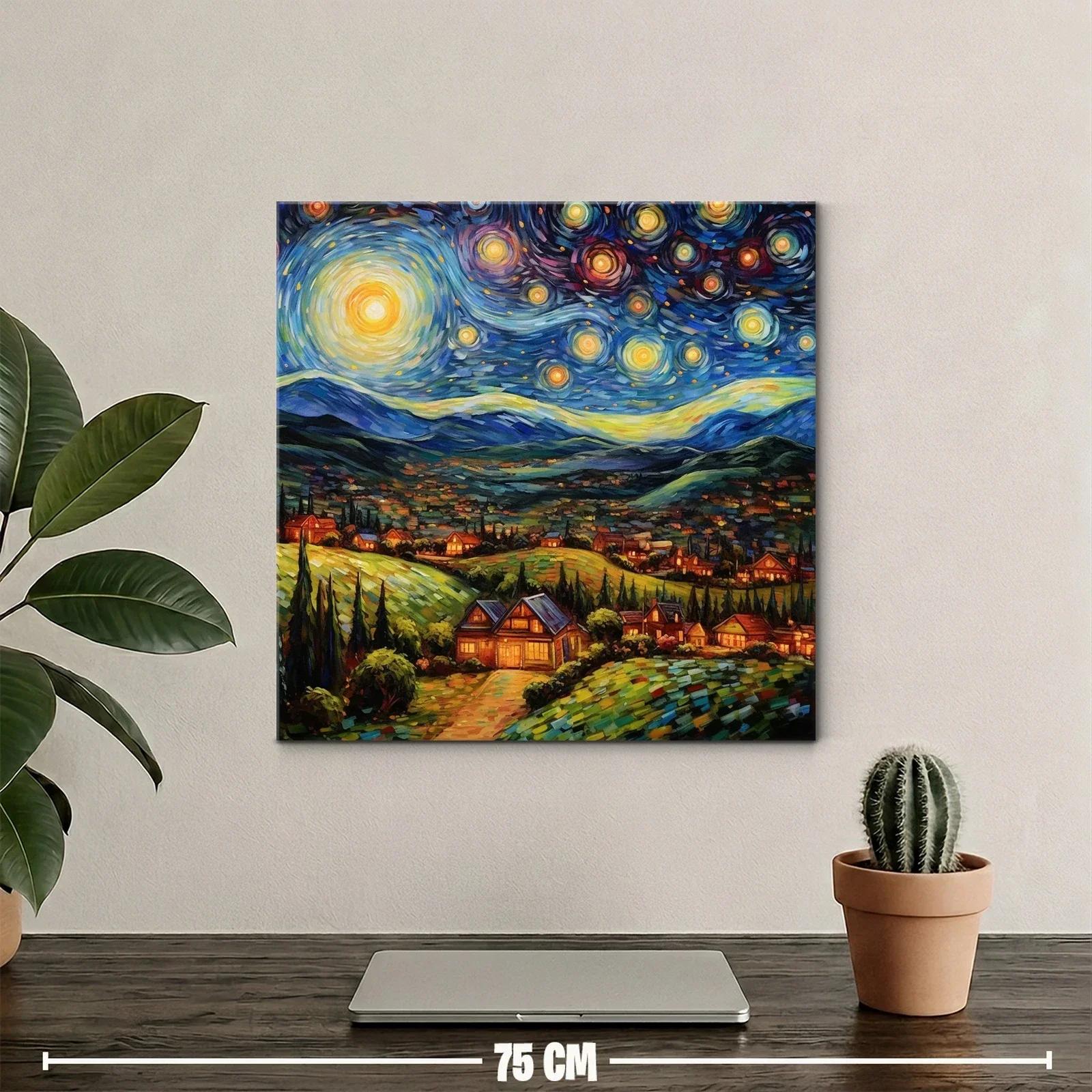 Paisaje Nocturno con Estrellas y Casas Iluminadas — miniatura 2