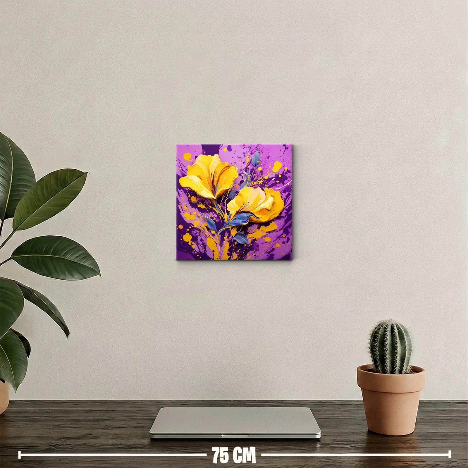 Cuadro vibrante con flores amarillas sobre fondo morado — miniatura 2