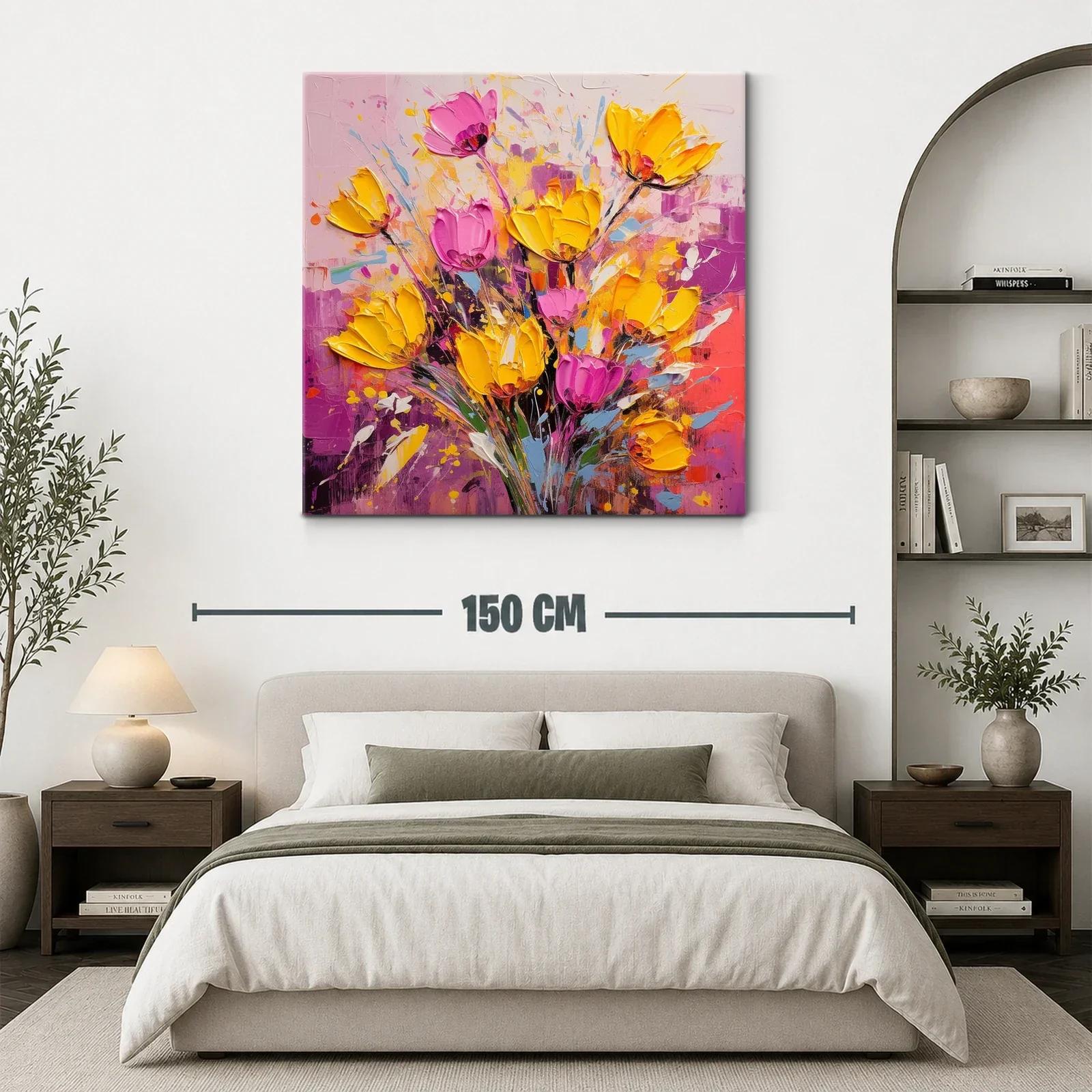 Cuadro floral vibrante con tonos amarillos y rosas intensos — miniatura 3
