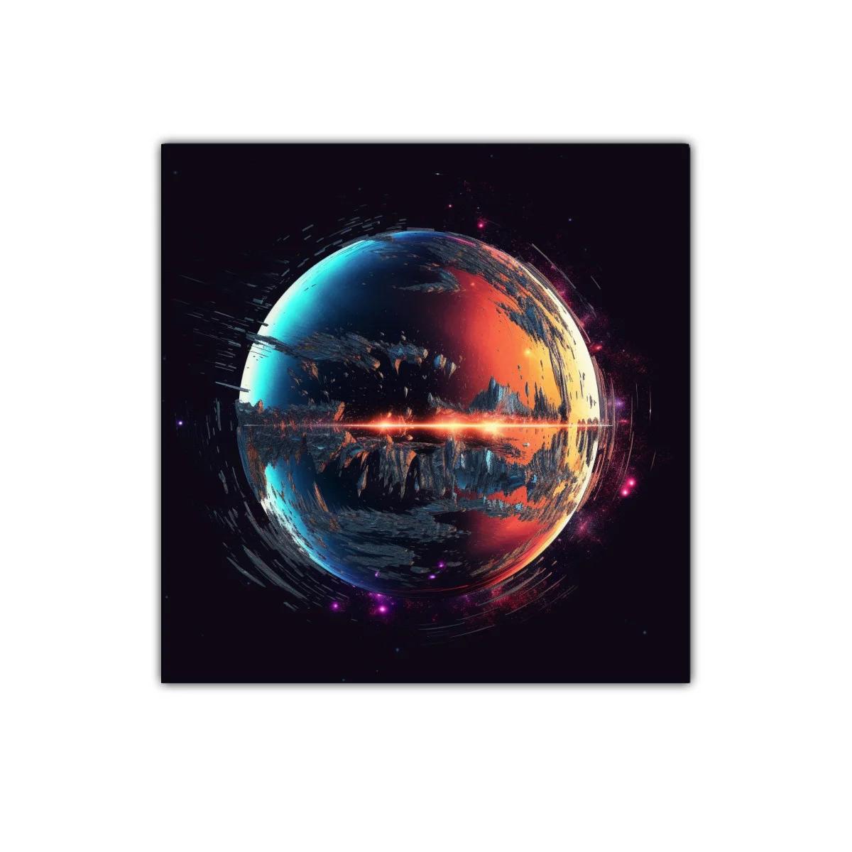 Cuadro abstracto planeta fuego y hielo en galaxia oscura — miniatura 1