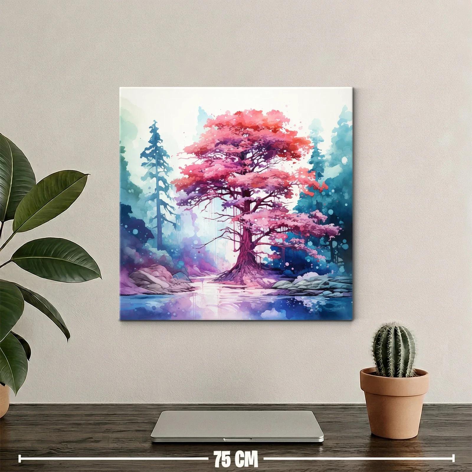 Árbol rosa mágico entre bosque azul y lago tranquilo — miniatura 2