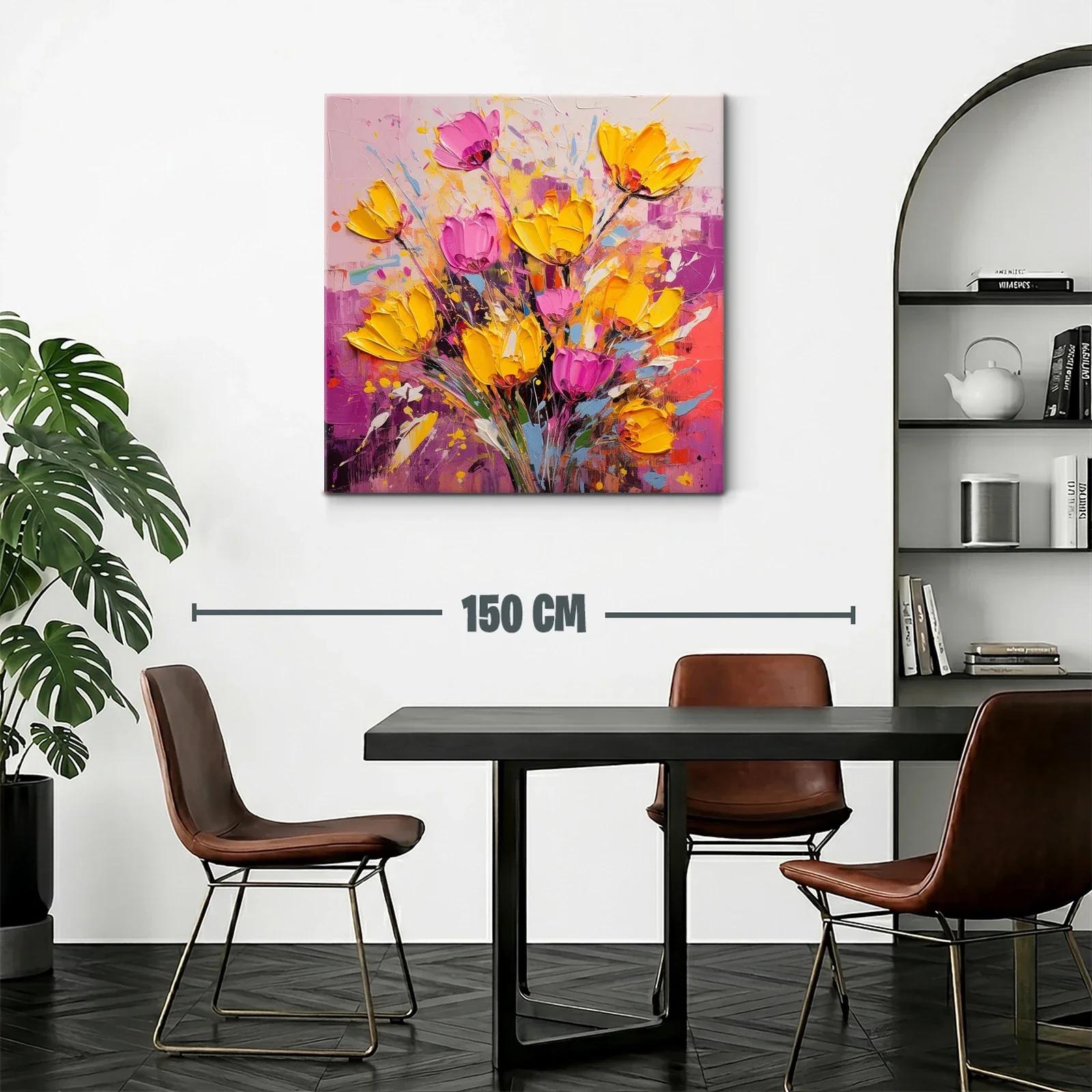 Cuadro floral vibrante con tonos amarillos y rosas intensos — miniatura 2