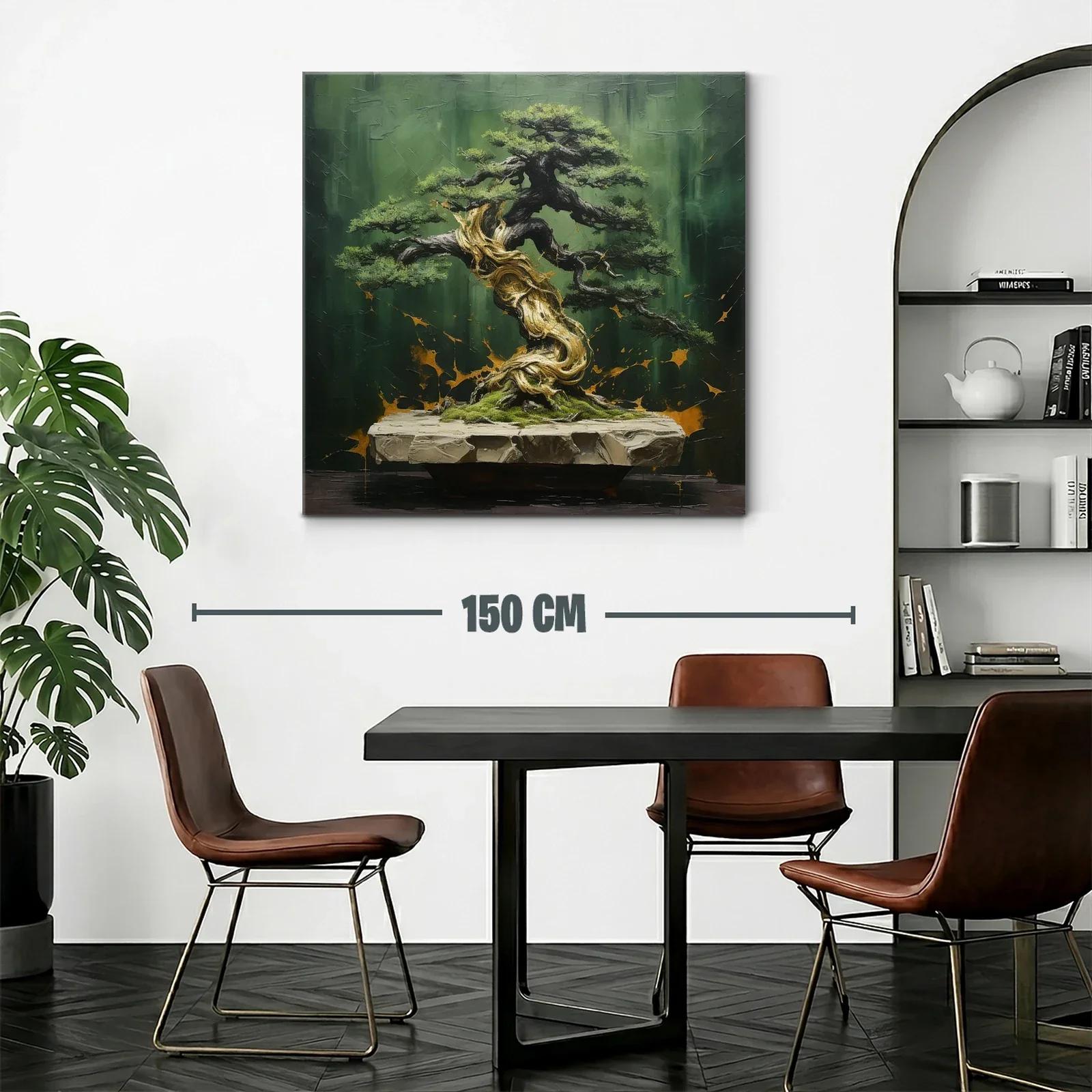 Cuadro árbol bonsái con tonos verdes y dorados — miniatura 2