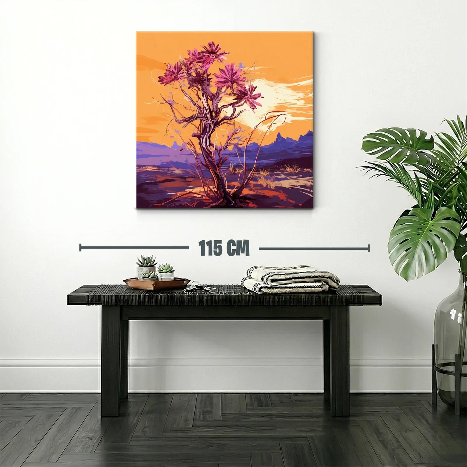 Atardecer con árbol de flores vibrantes en paisaje desértico — miniatura 2