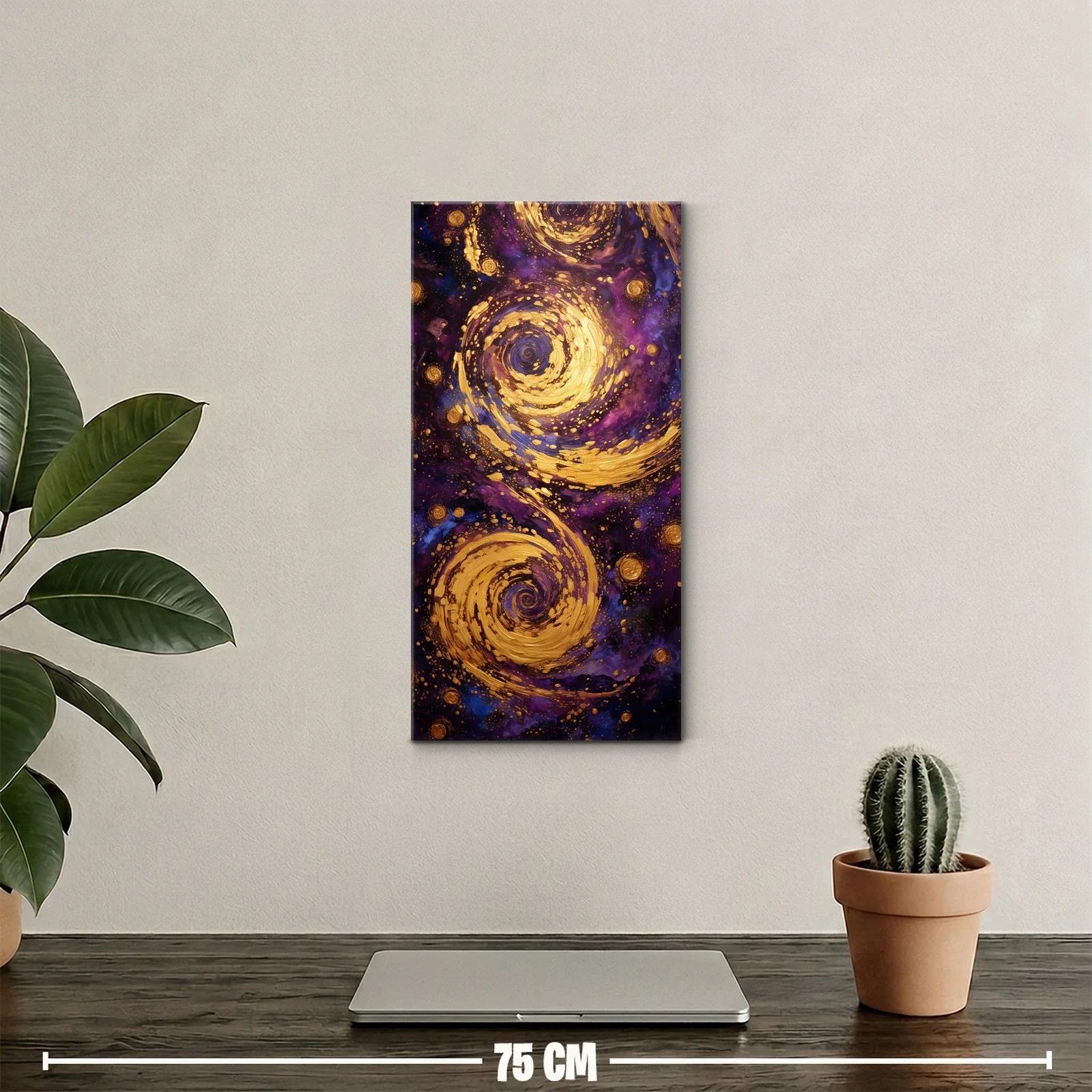 Cuadro galaxias espirales doradas sobre púrpura profundo — miniatura 2