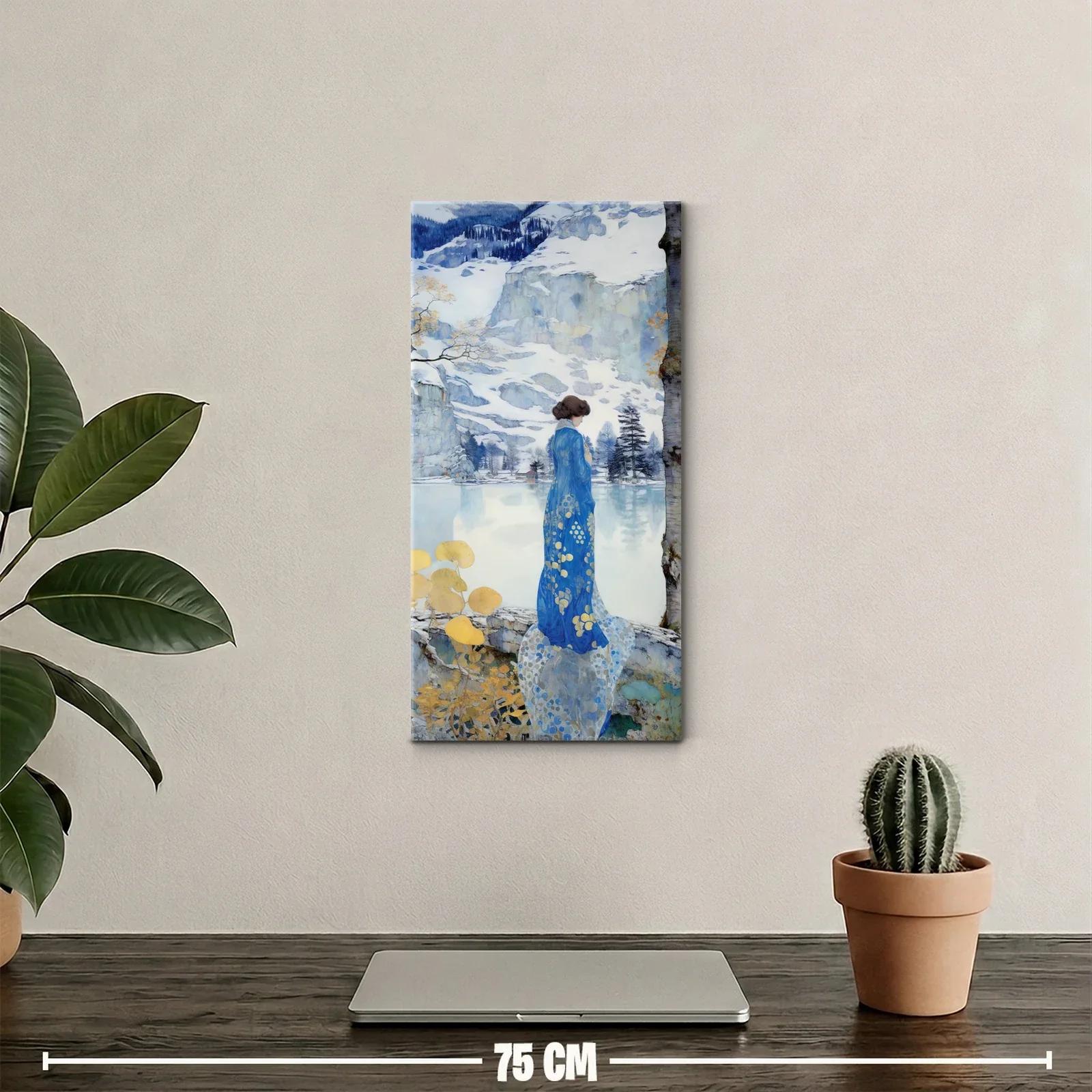 Cuadro mujer con kimono azul junto a lago y montañas nevadas — miniatura 2