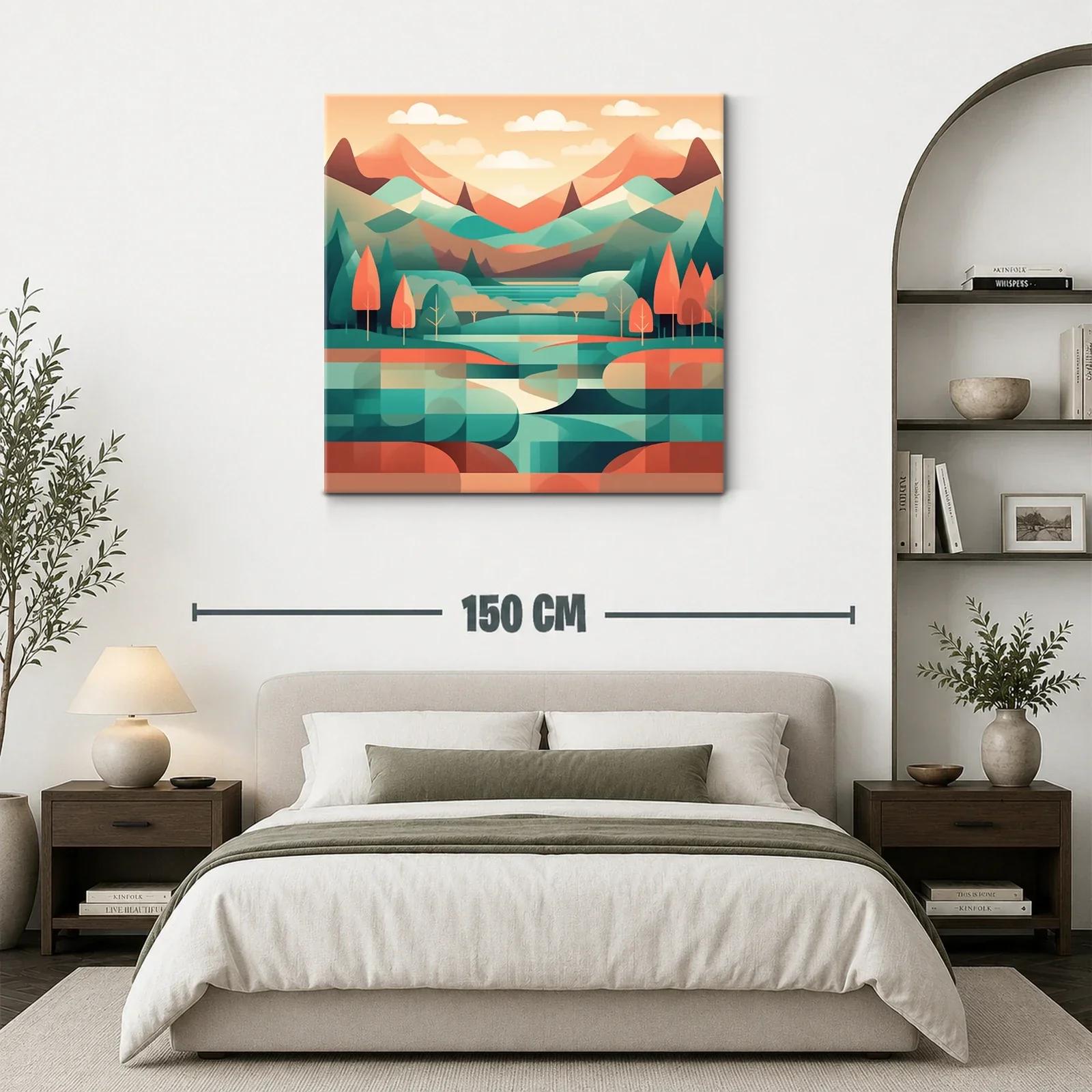 Paisaje geométrico con montañas y árboles en tonos cálidos — miniatura 3