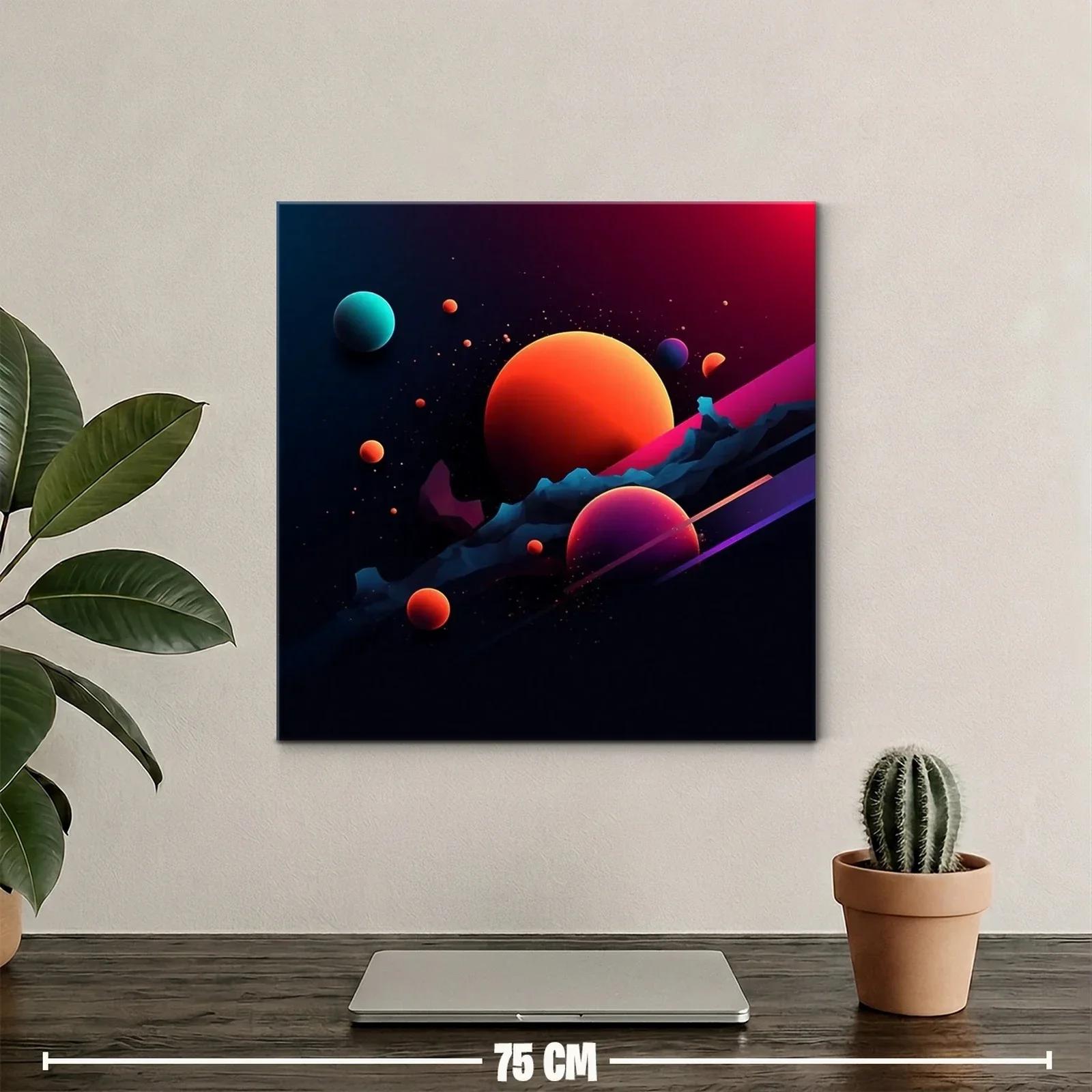 Cuadro abstracto con planetas vibrantes en espacio oscuro — miniatura 2