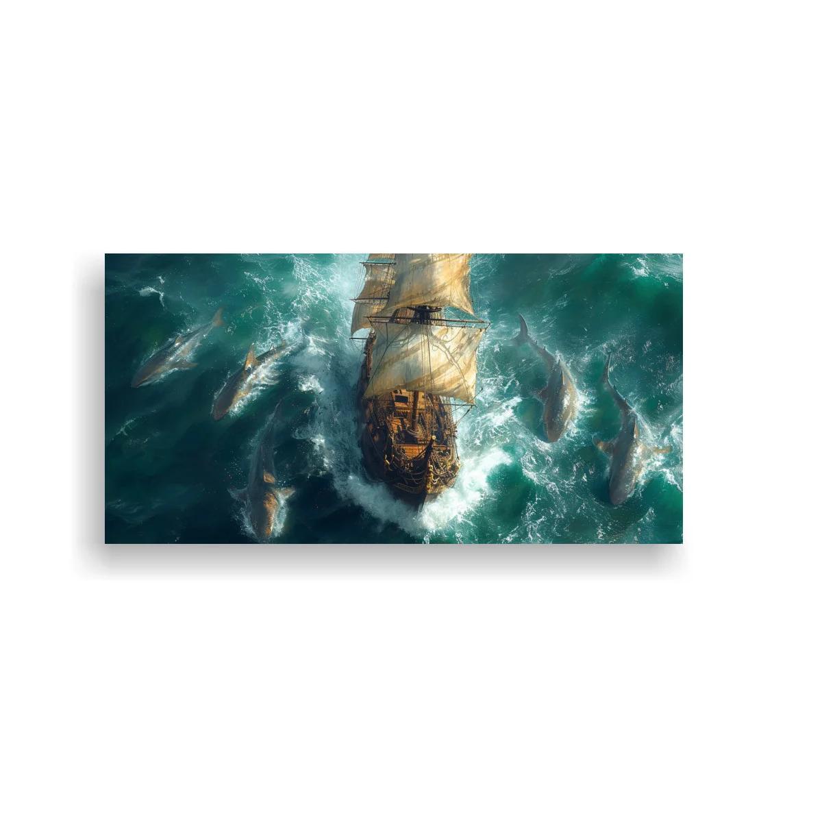 Cuadro barco de vela antiguo rodeado por ballenas — imagen principal