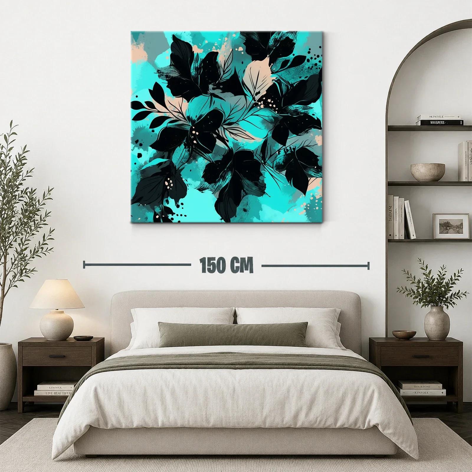 Cuadro moderno con motivos florales en tonos turquesa y negro — miniatura 3