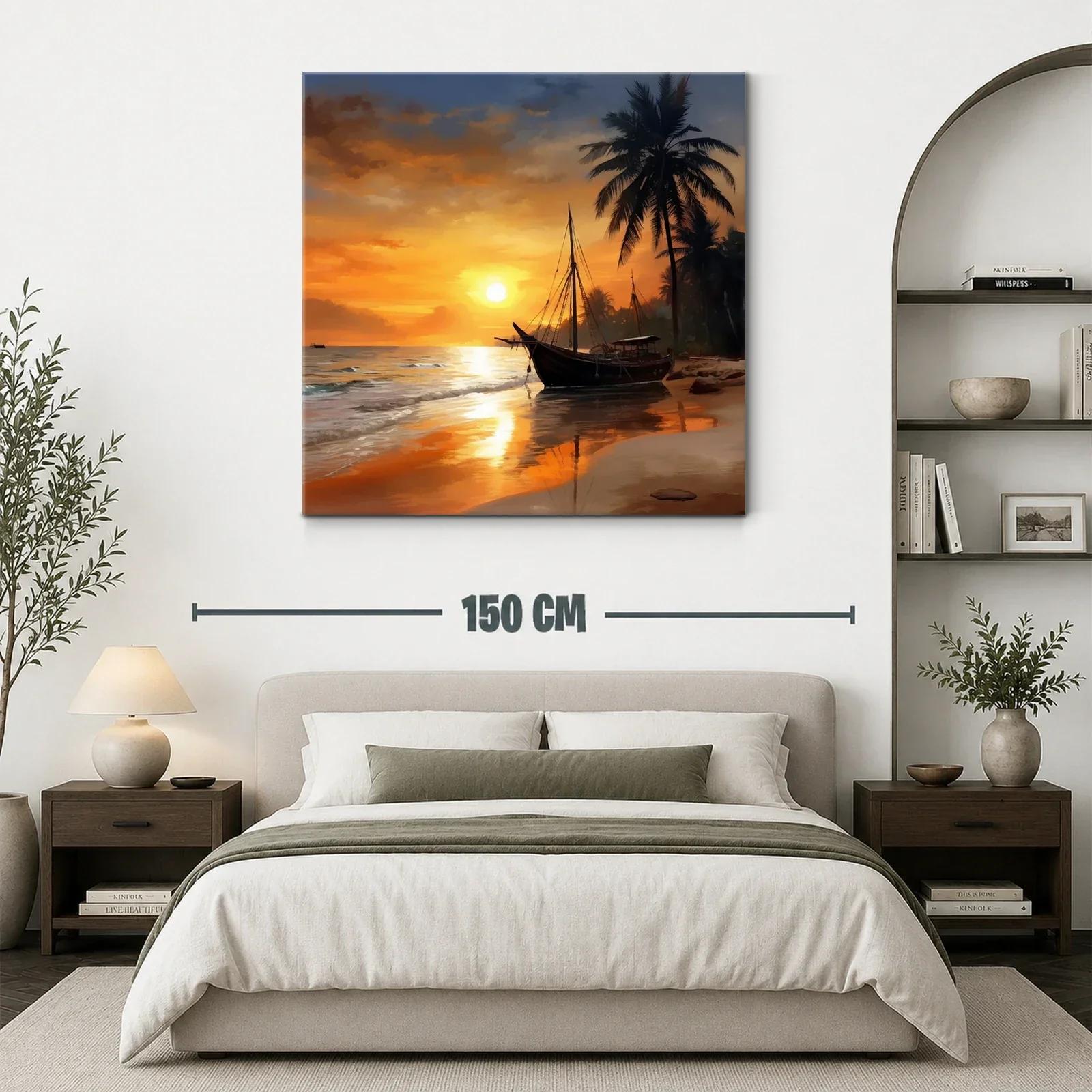 Atardecer en la playa con barco y palmeras — miniatura 3