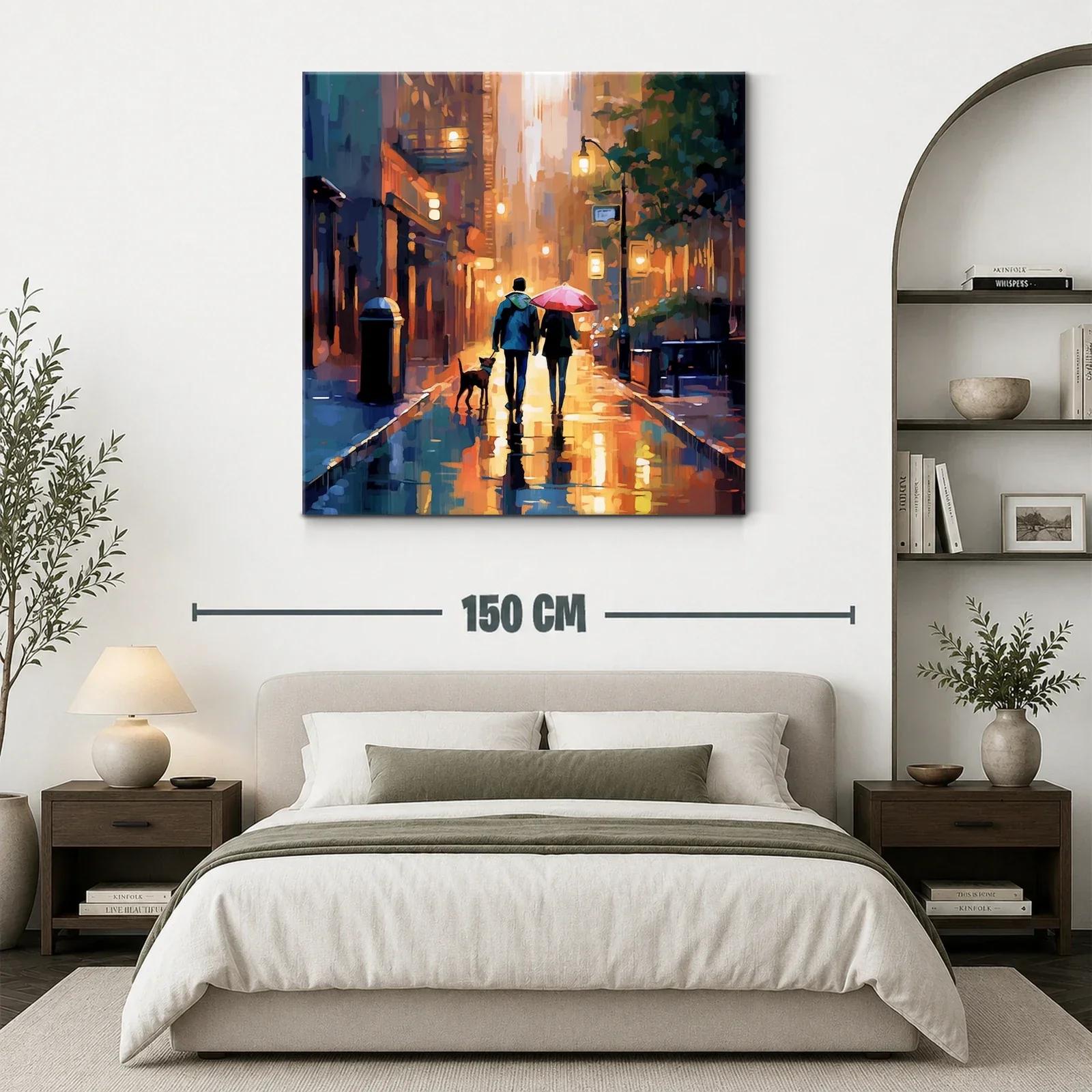 Paseo urbano al atardecer con perro y paraguas rojo — miniatura 3