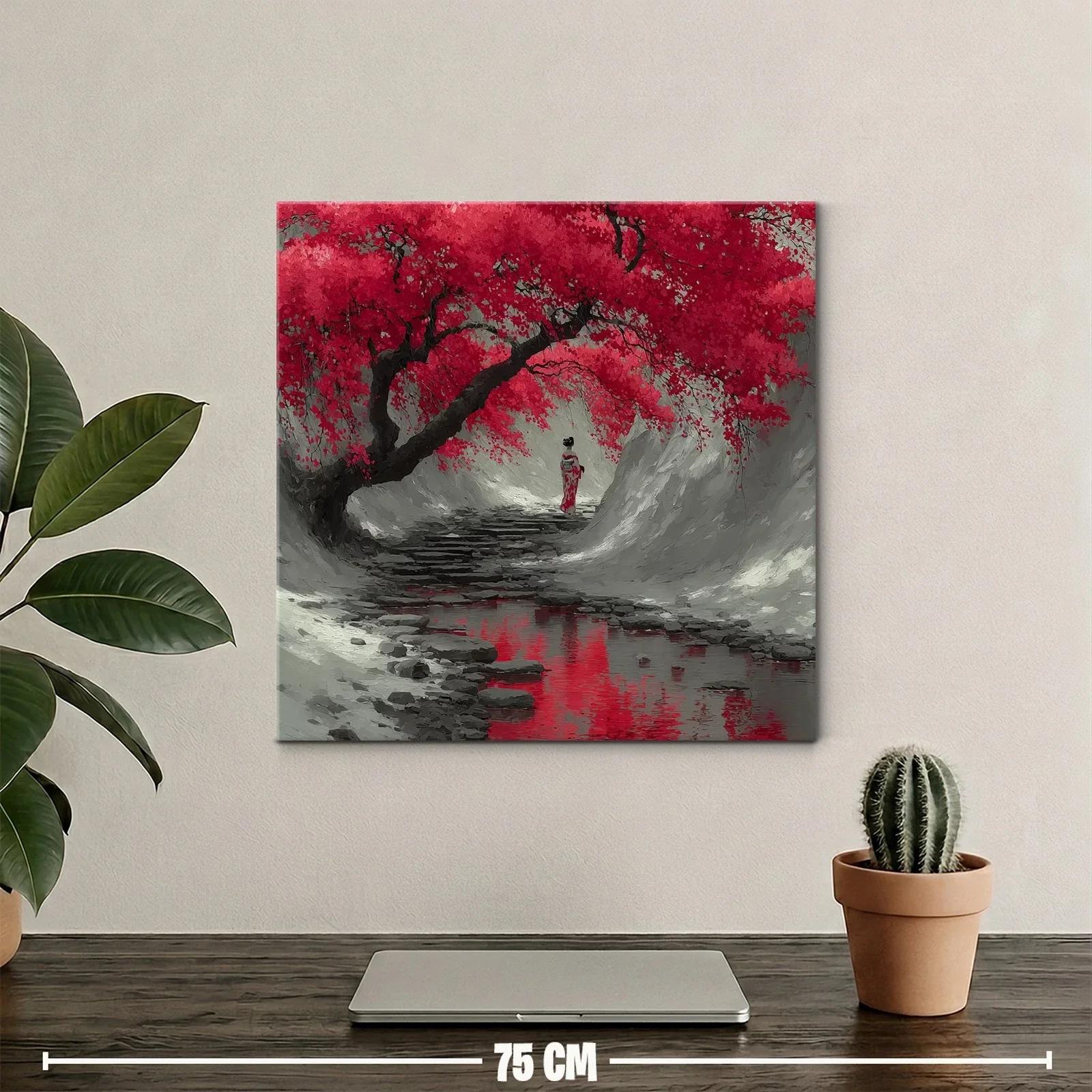 Camino sereno bajo cerezos en flor rojo intenso — miniatura 2