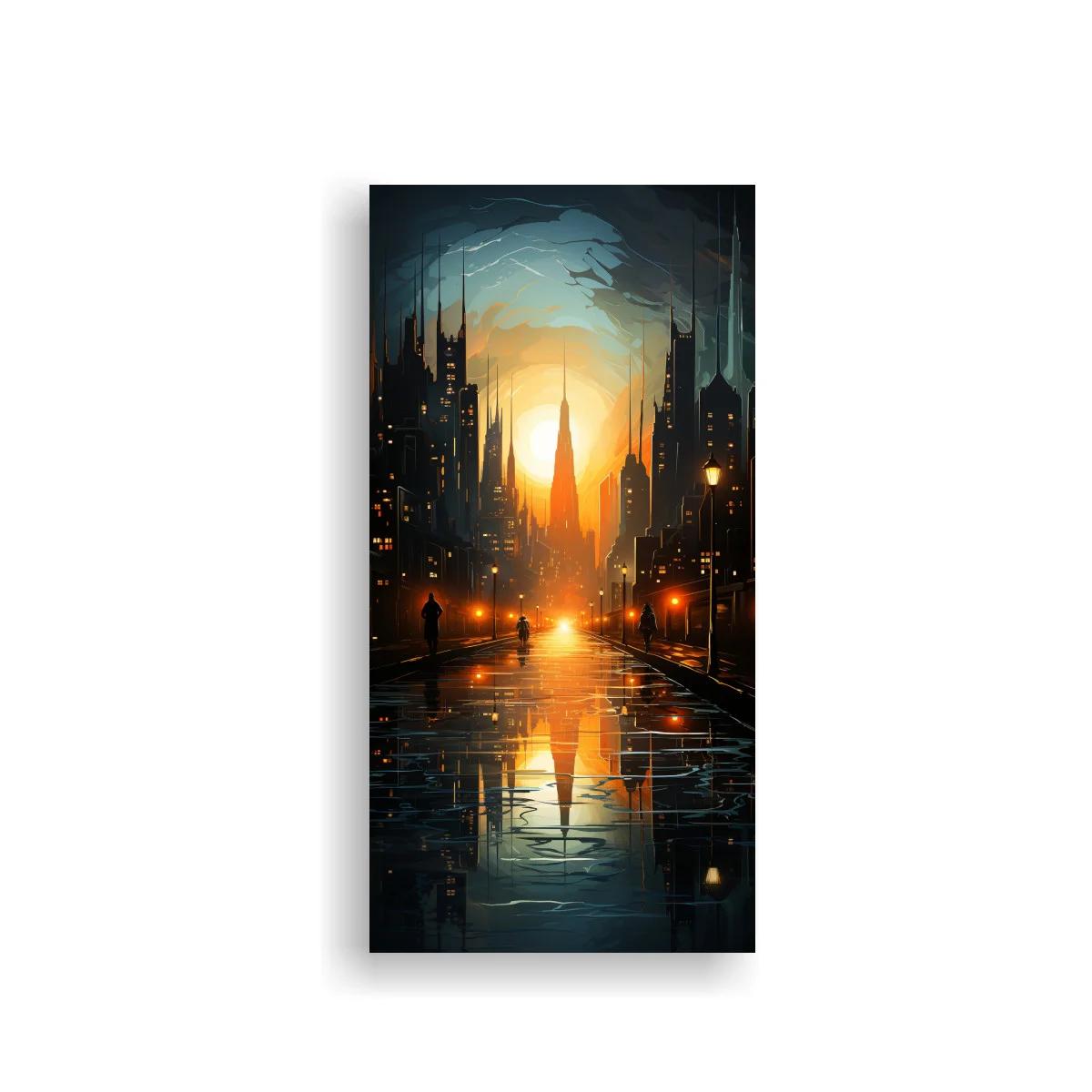 Cuadro skyline urbana al atardecer con torre afilada