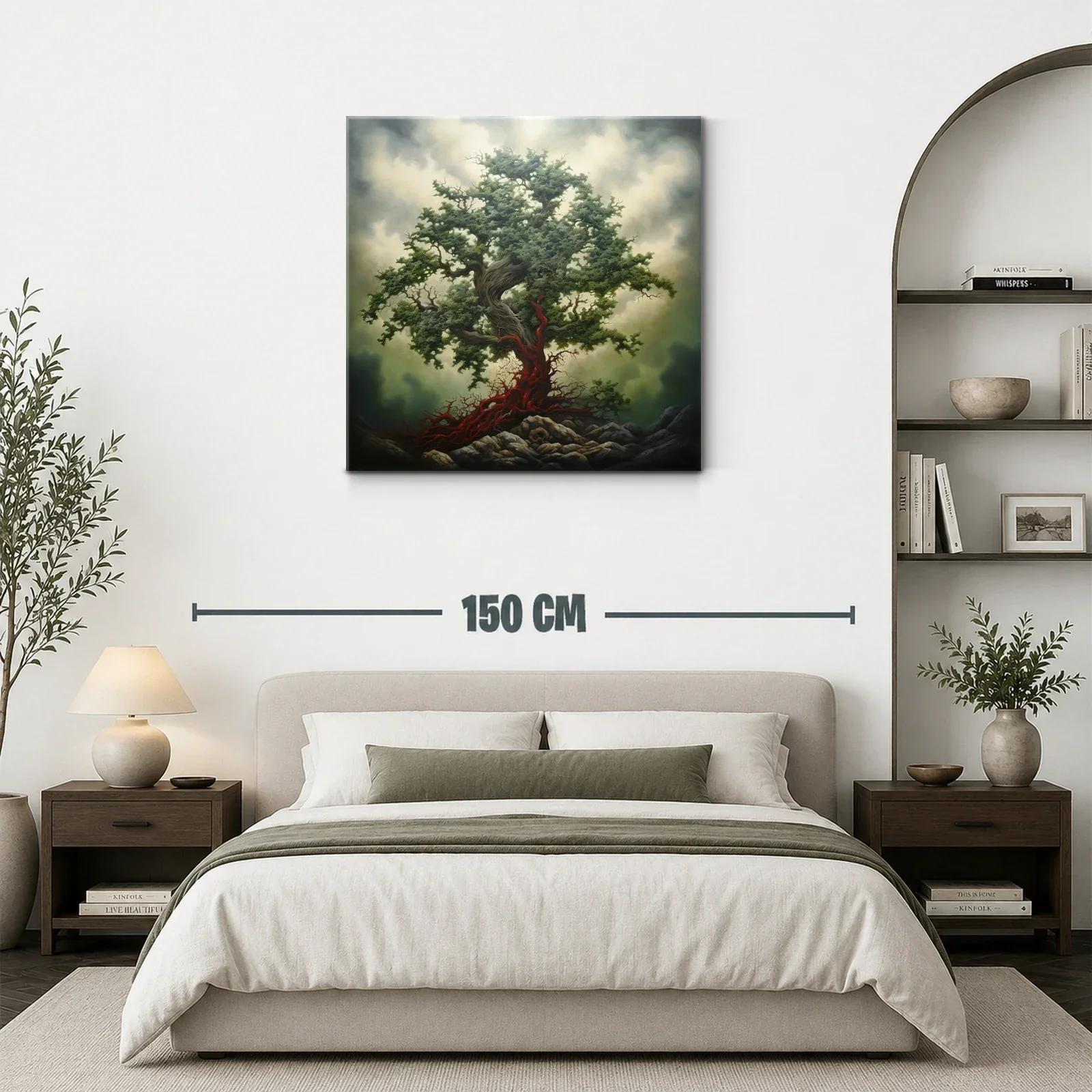 Árbol Imponente con Raíces Escarlata en Paisaje Dramático — miniatura 3